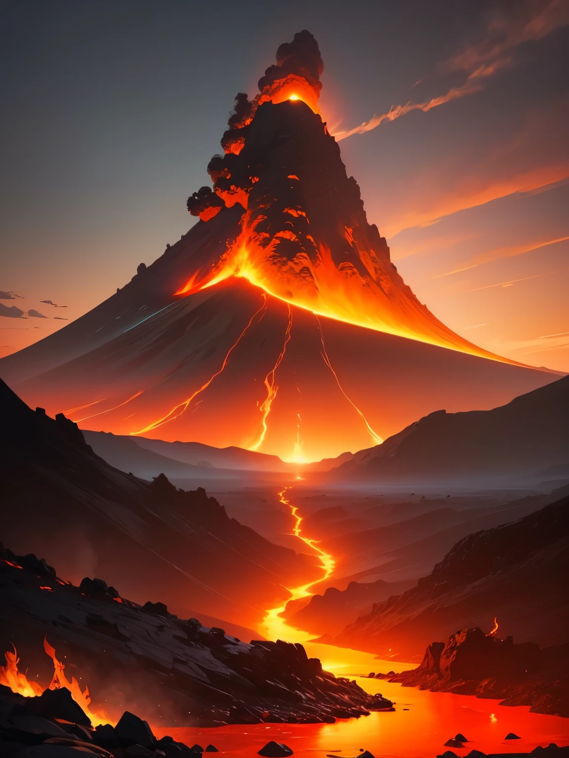 a digital painting of a volcano erupting in a rocky desolate wasteland, flying chunks of extremely hot rock, small streams of lava, overcast sky, red to orange gradient, flames, vivid fantasy colors, digital art