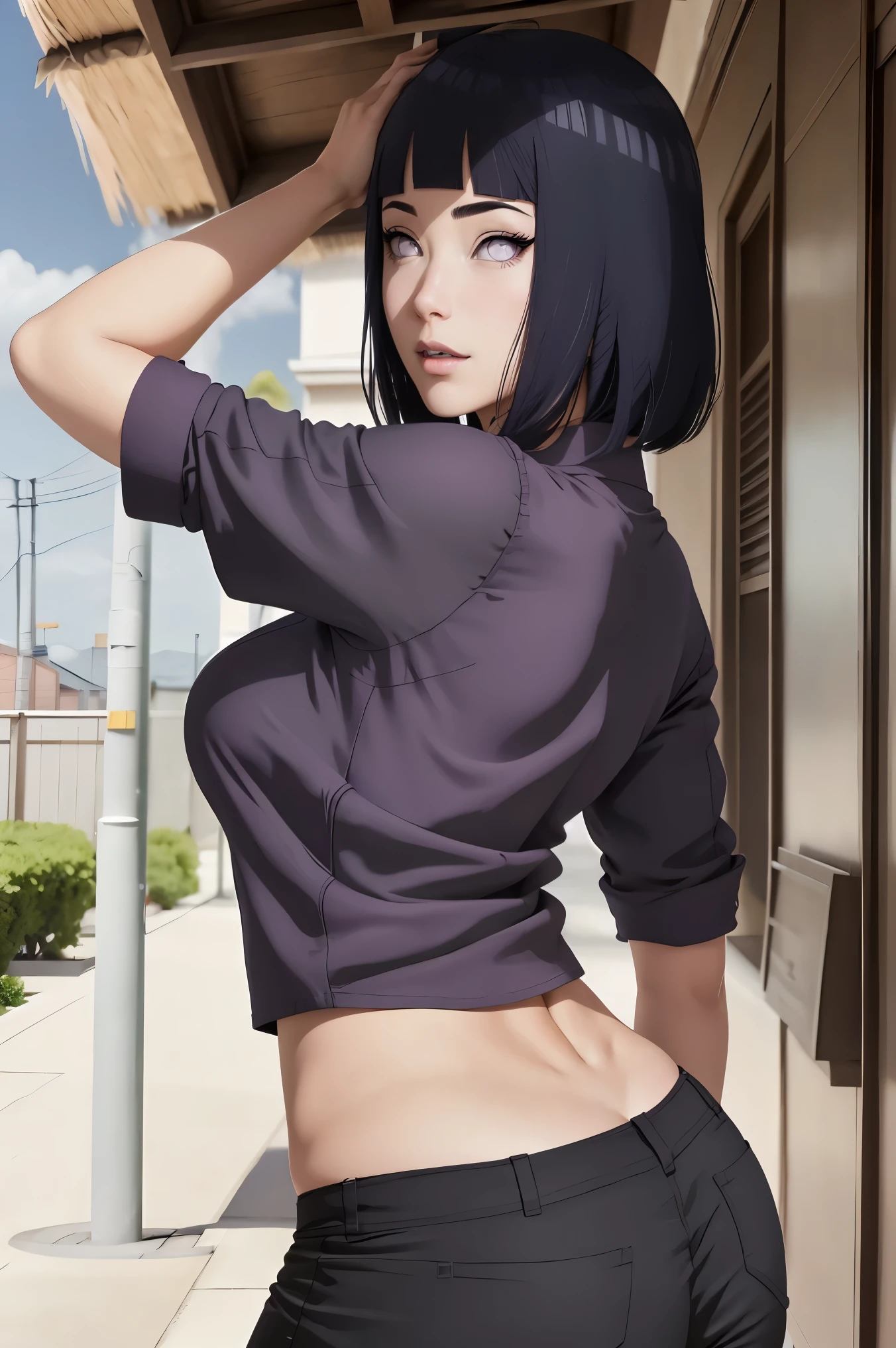 parte maestra, absurdos, Hinata\(boruto\), 1 chica, solo,hembra madura, Capucha morada,mangas en capas, pantalones marrones, al aire libre, cielo nublado, perfect composition, circunstanciado lips, gran pecho, hermoso rostro, body proportion, rubor, (labios rosados), pelo negro corto (PELO NEGRO), lilac eyes, mirada suave, super realistic, circunstanciado, Photoshoot, cara y cuerpo realistas, cabello realista, Ojos realistas, nariz realista, labios realistas, pantalones marrones, animado, bailando ligeramente. En tu espalda, con la barbilla debajo del hombro, looking back sensually, sonrisa sexy, boca cerrada. pose diferente.