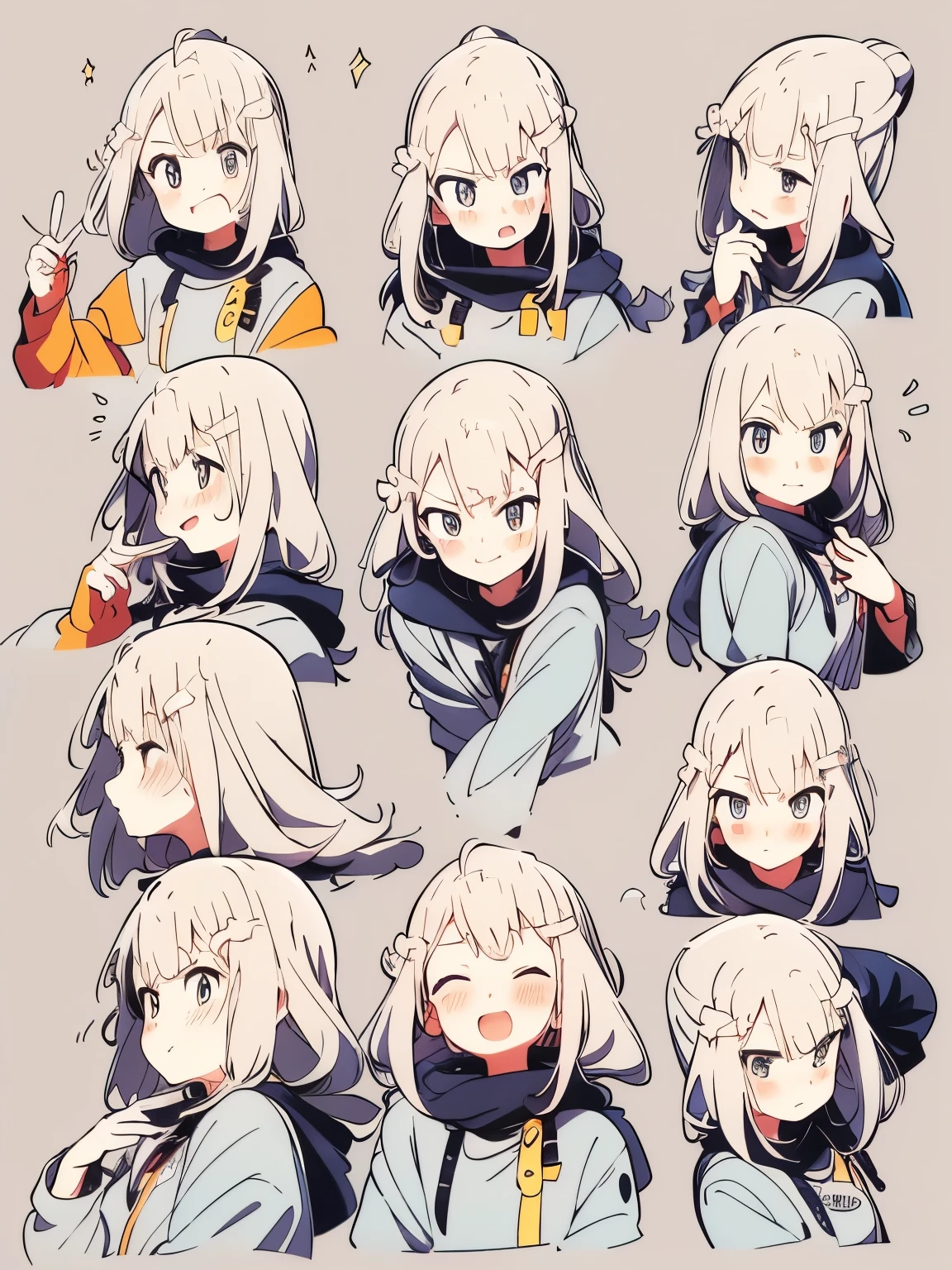 anime character sheet of a woman with different facial expression, different expressions, anime style, various postures, 微妙的anime style, 扁平化anime style底纹, Cute and natural anime face, expression, anime style, Animation character design, Anime Concept Art, facial expression, slightly happy expression, anime style, anime style人物, 半写实anime style, anime art style