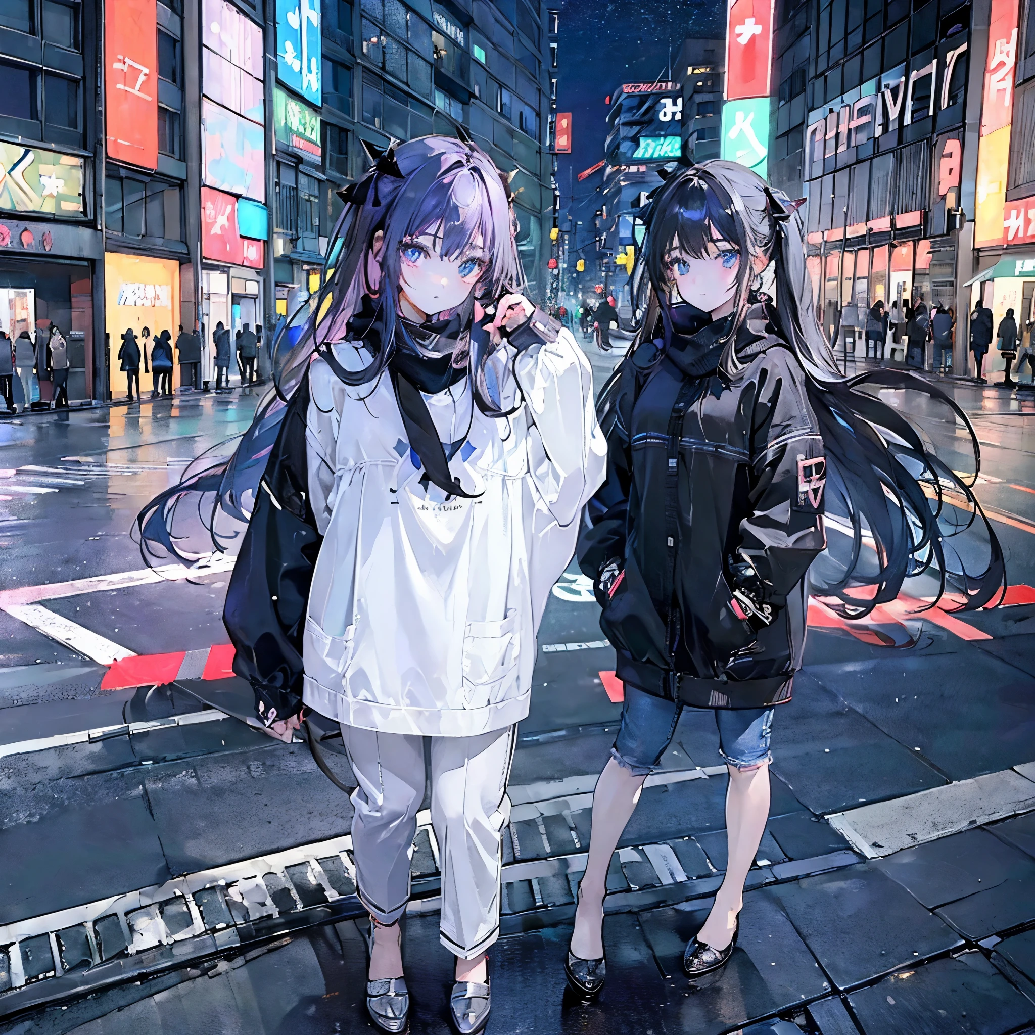 ((((very detailed)) ((high resolution)) anime girl)) crosses a pedestrian crossing against the background of many neon signs illuminating the night sky of Tokyo. Below his feet lie many reflections from the puddles, which create a play of light and shadow, adding drama to the scene. The camera installed on the building above the passage captures every moment, all the beauty of the modern metropolis, (detailed face), (detailed eyes: 1.6), good anatomy, same style, (postmodern clothes), (night), (big crowd), jeans, oversize t-shirt, scarf, ribbon, full body picture, full front view, full height picture, full side view, (detailed sidewalk: 1.6), (neon on buildings),