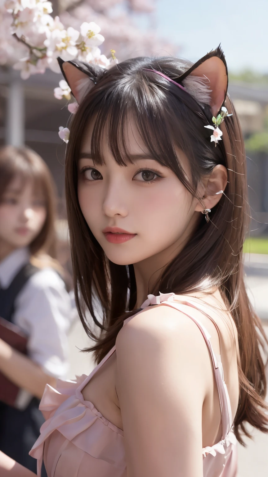 masterpiece, 4k, Bokeh, beautiful face, (multiple girls:1.4), Harem, group photo, Cat ear, medium bob hair, Pink , graduation, looking at the viewer, cherry blossoms, Upper body shot,