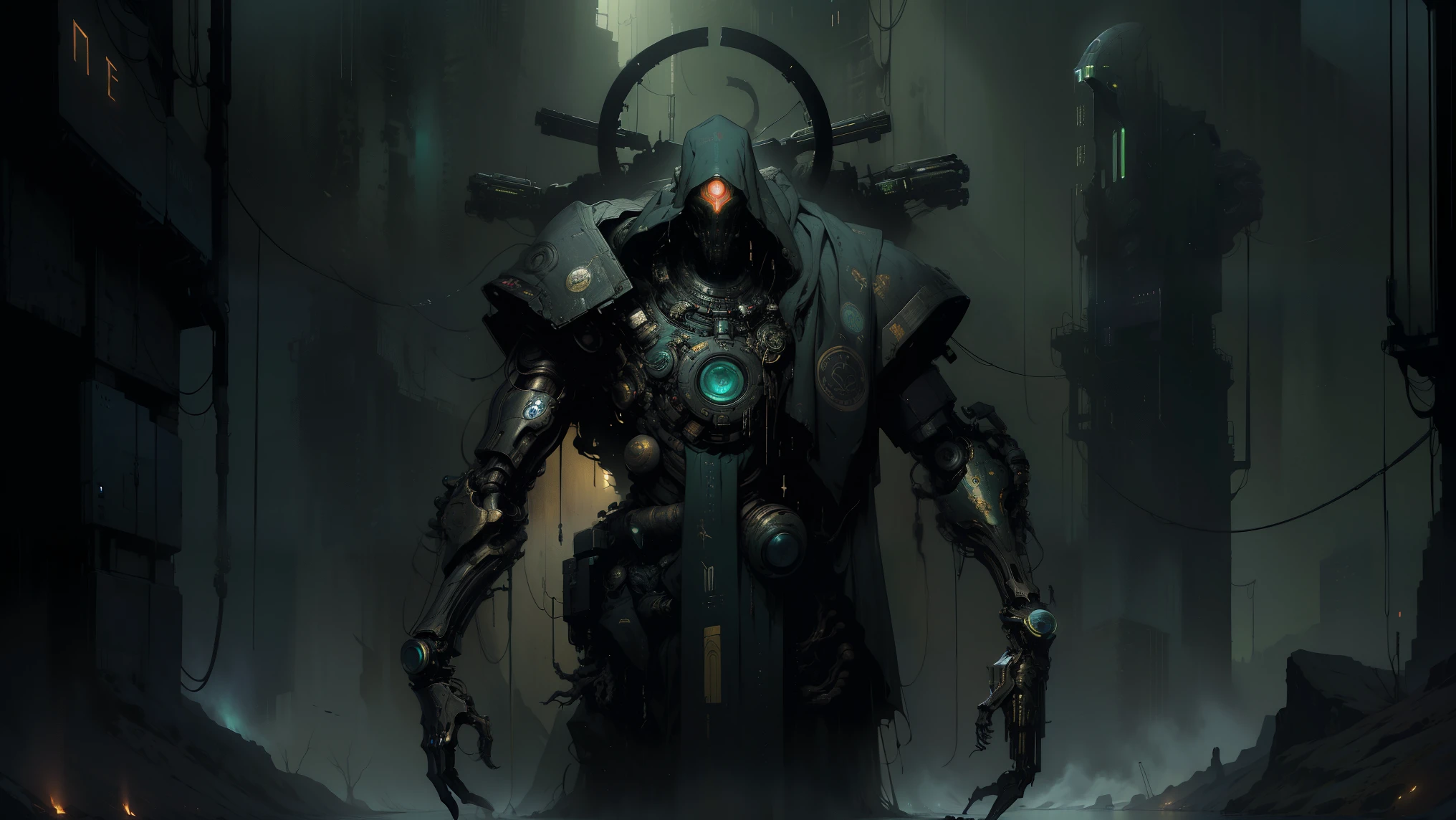 (Best quality,4k,high resolution,masterpiece:1.2), (Space, cyberpunk style, god of computers:1.2), ((Divine halo, 4 mechanical arms)), Extremely detailed and realistic portrait of Cthulhu, Eerie and mysterious facial features, Tentacle-like appendages protruding from its face, Intense and piercing yellow eyes, Distinct and intricate scales covering its body, Ancient and otherworldly creature, dark and creepy atmosphere, Surreal and nightmarish landscapes, Disturbing and malevolent presence, Lovecraftian terror, Dark blue and green color palette, Dramatic and discreet lighting with ominous shadows, Ethereal and supernatural aura