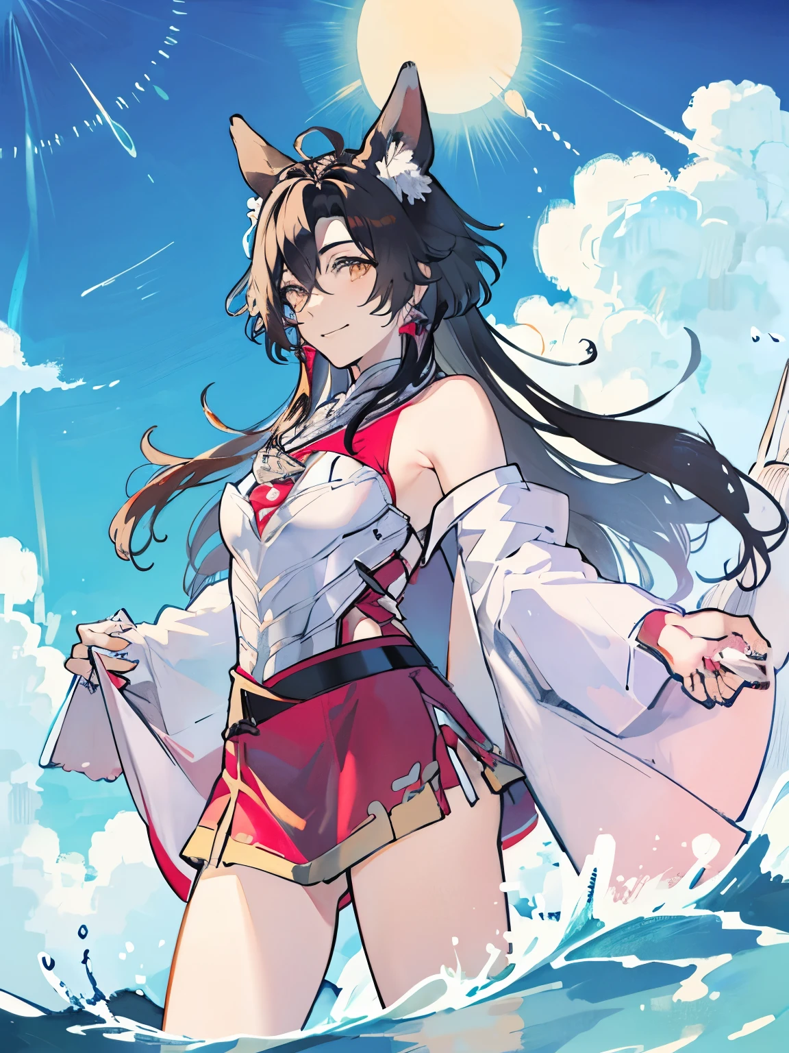 Fluffy fox ears growing from his head、A big, fluffy fox tail growing out of his rear end、long flaxen hair、hair flowing in the wind、animal ears、Kemomimi、detailed、swimsuit、blue sky、pretty girl、cute、looking here、Genshin-style illustrations、Small cloth area、exposed skin、セクシーなswimsuit、Adult、pastel colour、watercolor painting、bright colors、