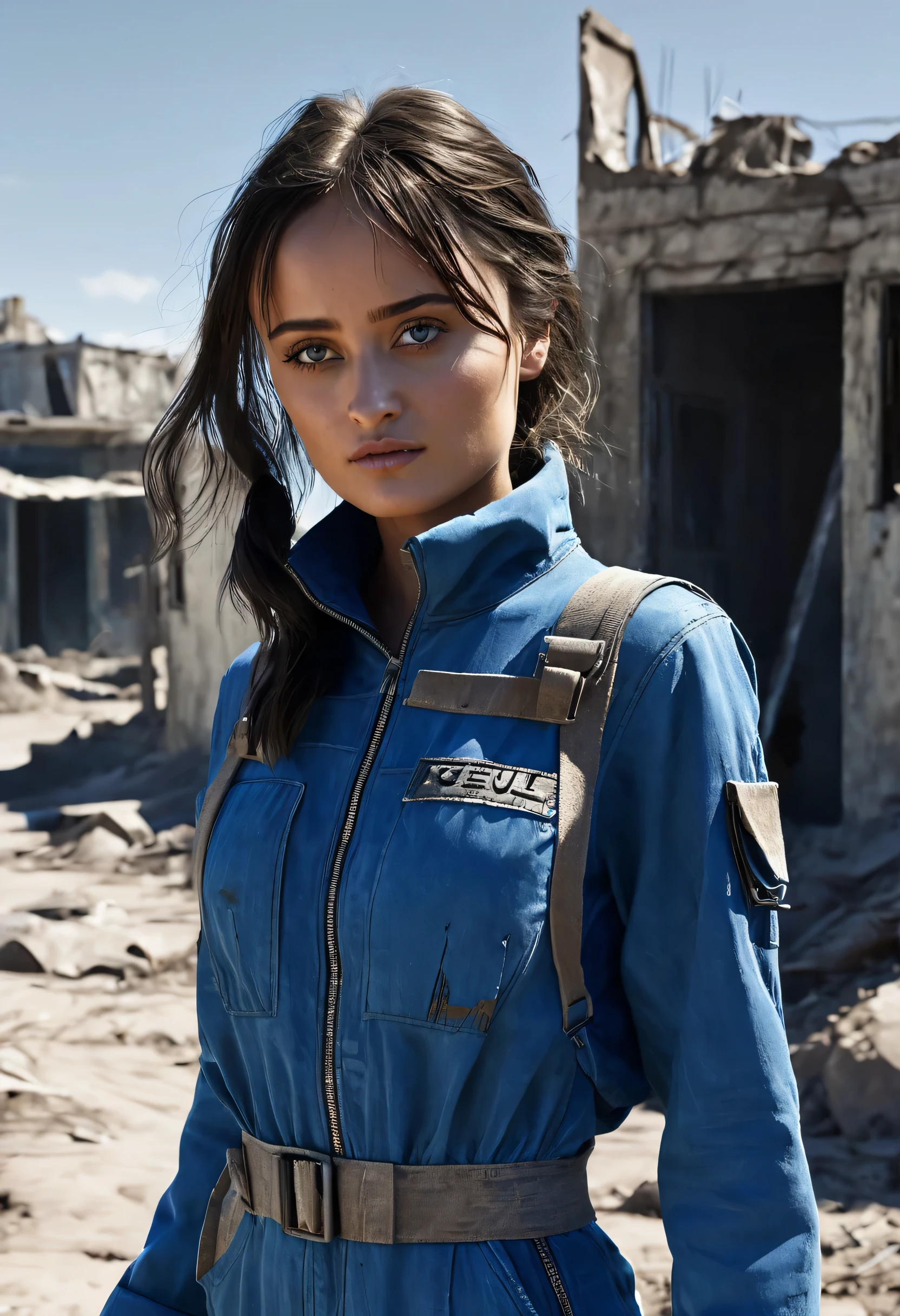 1 girl, Ella Purnell as Vault Resident 33 (Fallout), black hair,walks along the postosha,endless desolations,Ruins of Houses,covered with sand,scorching sun, close photo of a girl, close-up,photorealism,2k render,sexsy,20yo,dirty and torn blue overalls with the inscription 33 (futuristic blue jumpsuit, future, Voltek Vault Resident Uniform), shelter resident 33,pistol on the belt,post apocalypse,
