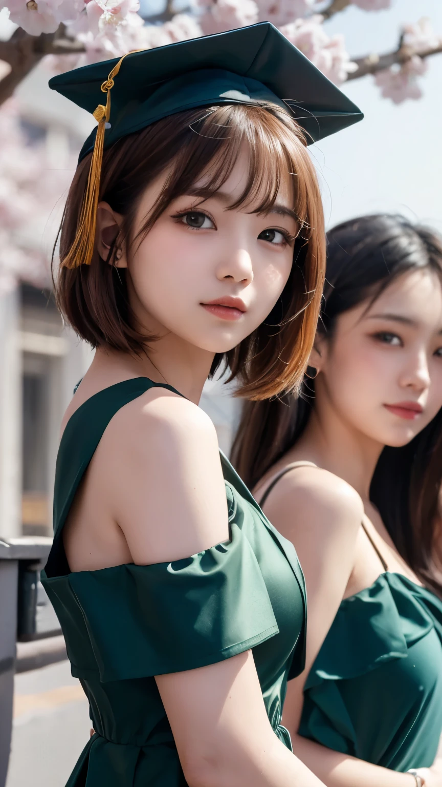 masterpiece, 4k, Bokeh, beautiful face, (multiple girls:1.4), Harem, group photo, Cat ear, medium bob hair, Pink , graduation, looking at the viewer, cherry blossoms, Upper body shot,