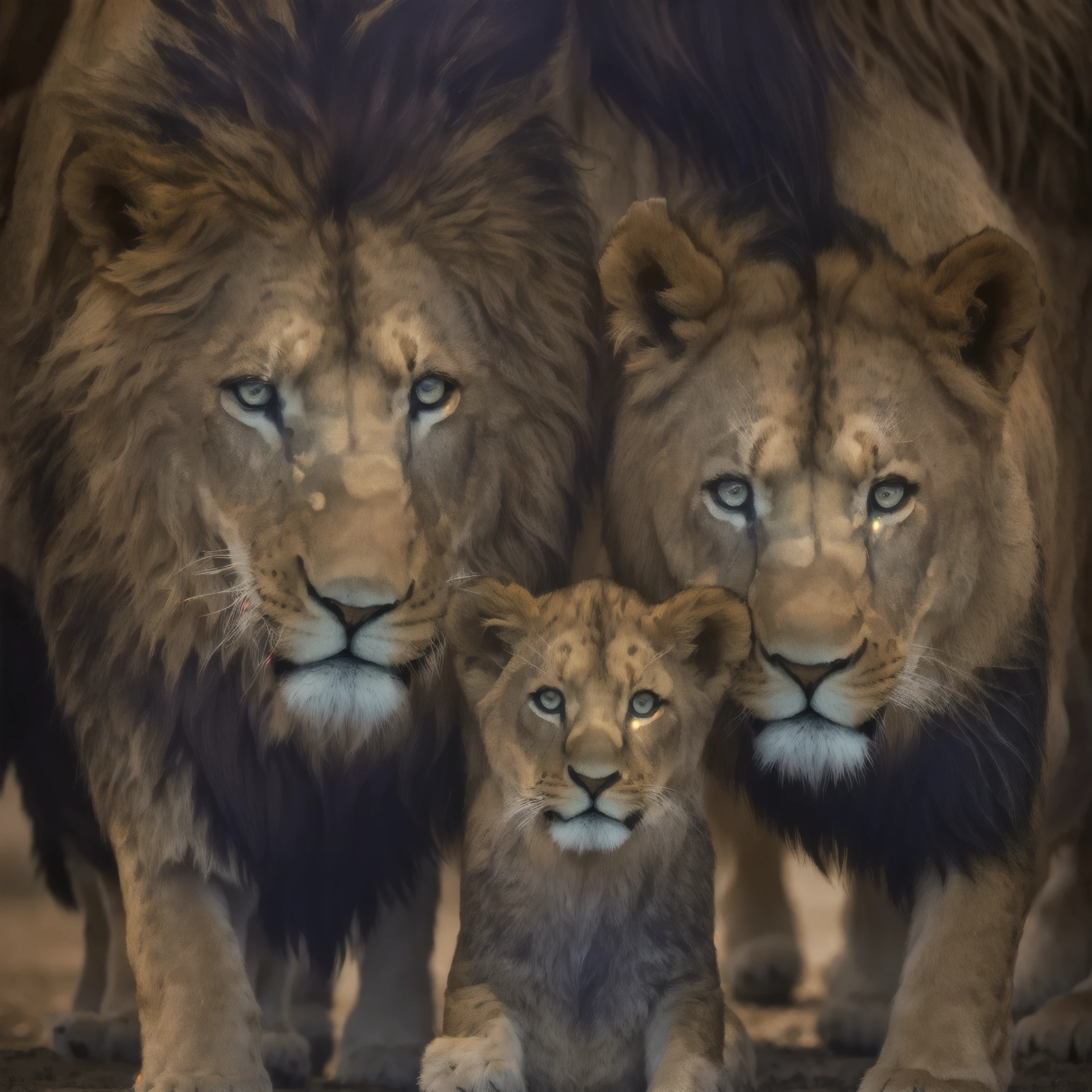 a black and white photo of a lion and a lion cub, family portrait, por Bernard D’Andrea, por Mirabello Cavalori, lions, por Micha Klein,  family, por Daniel Seghers, por Jim Murray, por Serge Sudeikin, por Darek Zabrocki, happy family, por Dennis Flanders, olhar orgulhoso, by Luís Miranda