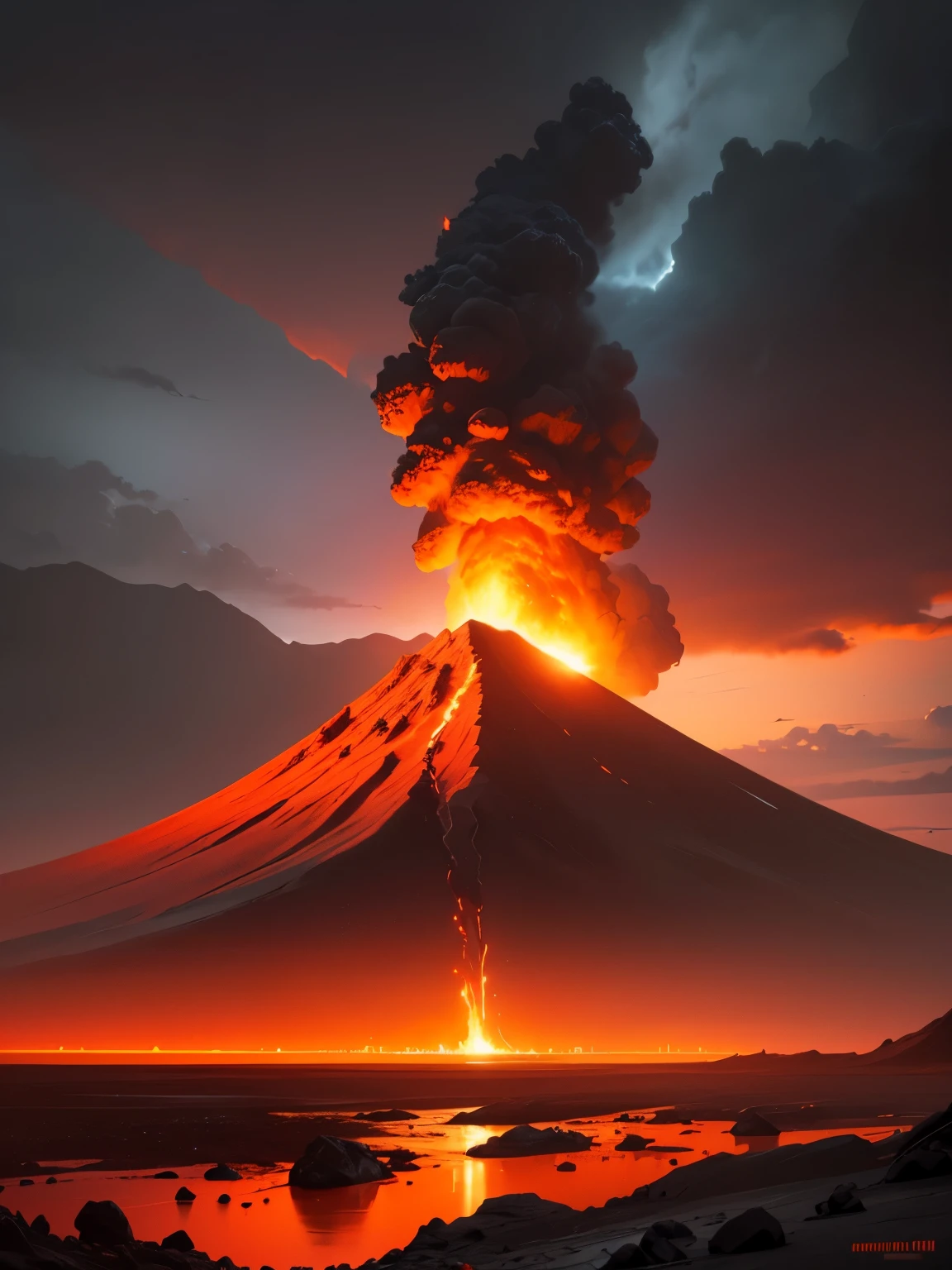 a digital painting of a volcano erupting in a rocky desolate wasteland, flying chunks of extremely hot rock, small streams of lava, overcast sky, red to orange gradient, flames, vivid fantasy colors, digital art