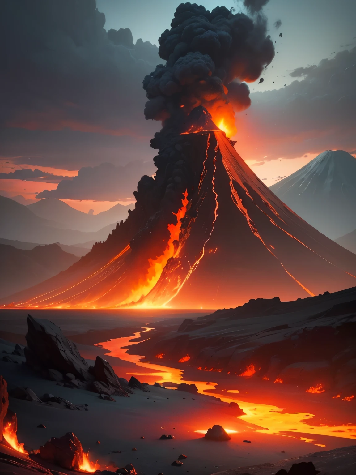 a digital painting of a volcano erupting in a rocky desolate wasteland, flying chunks of extremely hot rock, small streams of lava, overcast sky, red to orange gradient, flames, vivid fantasy colors, digital art