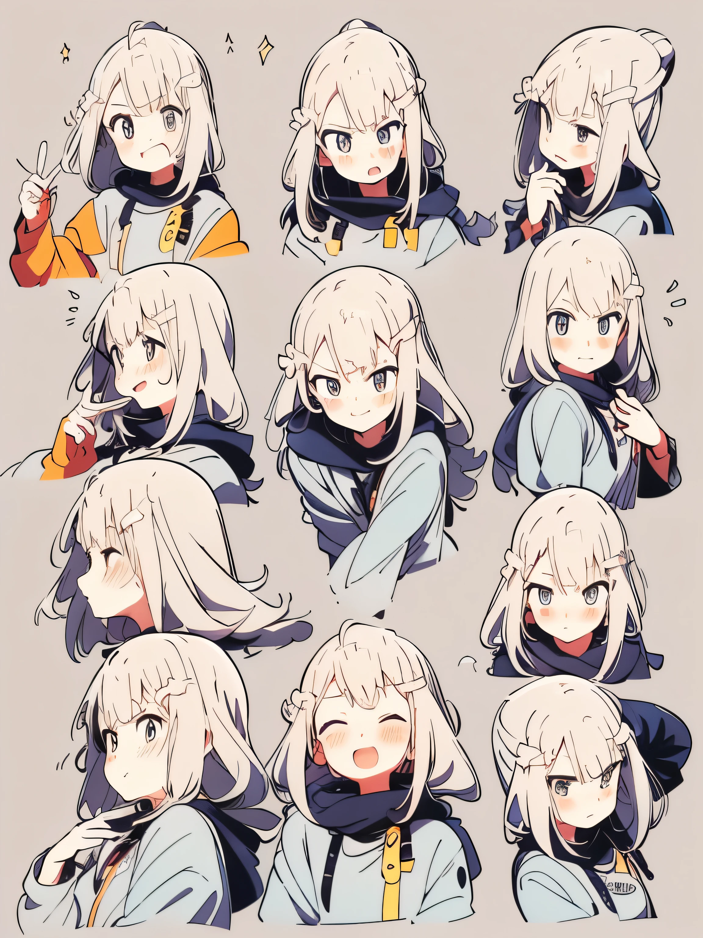 anime character sheet of a woman with different facial expression, different expressions, anime style, various postures, subtle anime style, Flat anime style shading, Cute and natural anime face, expression, anime style, Animation character design, Anime Concept Art, facial expression, slightly happy expression, anime style, anime style characters, Semi-realistic anime style, anime art style