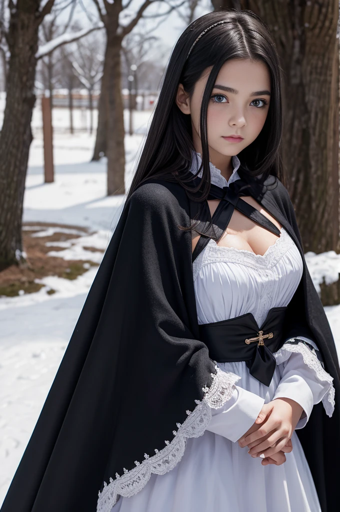 Highest quality, masterpiece, girl, cute, Neat atmosphere Men and women, forrest, Long Hair, forrestBase, Knee socks, nakedの肩, jewelry, No sleeve, White Dress, Long black skirt, gloves,Swordsman , Cape, On the ground, White underwear, Shaved, The skirt is flipped up, Underwear is visible, The genitals are visible, not,naked, Leg spread, Embarrassing, A little nipple is visible