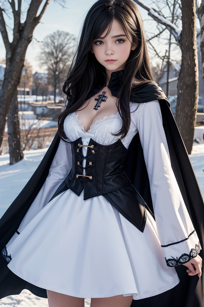 1girl, evil, teenager(1.3), black hair , blue eyes, detailed face, angelical face, cleavage, small breasts, dress, dresing with christian cross ,background in snow in prussia, soft nsfw
