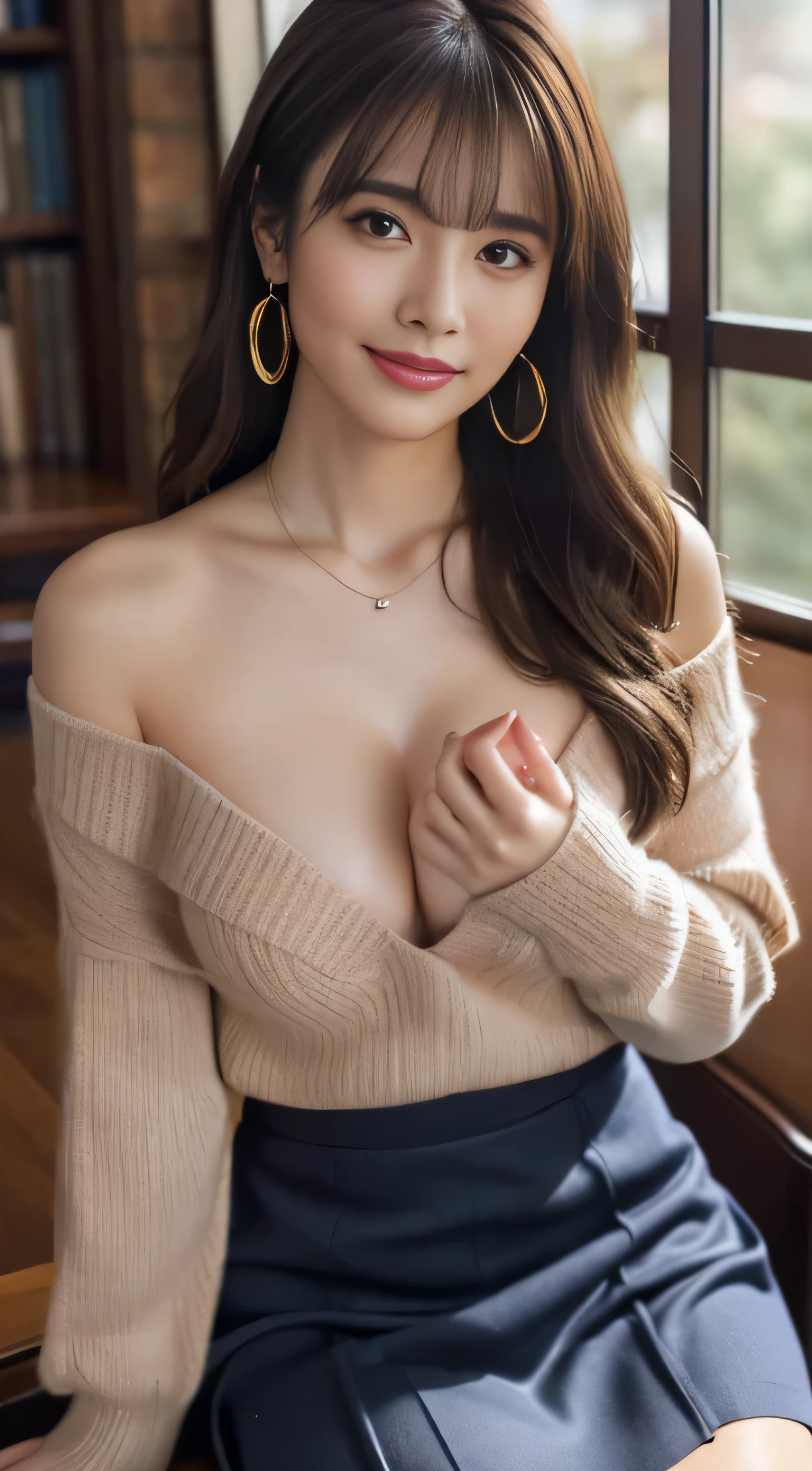 ((table top, highest quality, High resolution, , perfect pixel, 4k, ))), 1 girl, single, alone, Beautiful woman、(An angle where you can see the whole body)、 ((middle wave hair, bangs, brown hair)), ((brown eyes, beautiful eyelashes, realistic eyes)), ((detailed face, blush:1.2)), ((smooth texture:0.75, realistic texture:0.65, realistic:1.1, Anime CG style)), big breasts、soft chest、dynamic angle, perfect body, ((Female governess、、Beige off-shoulder sweater、Dark Blue Flared Skirt、Black garter stockings、earrings、necklace、upward glance、shy smile、library desk、Leaning forward a lot、crawl on all fours、、I can see a little bra、Massage your chest with one hand、flip up the skirt with one hand、))