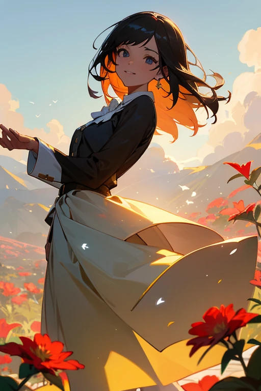 Description of the scene: A cena se passa em um parque tranquilo e ensolarado, com cerejeiras em flor ao fundo. No centro da arte, temos um retrato de uma jovem personagem estilo semi-realista. Ela tem cabelos longos e negros, adornados com um pompom ?????. Your eyes are big and expressive, conveying a feeling of joy and warmth.pose and facial expression: The character is standing, leaning slightly forward in a friendly, welcoming pose. She has a gentle smile on her lips, os olhos brilhando com entusiasmo. with the right hand, she makes the greeting gesture, raising the index and middle fingers, while the other fingers are retracted. The hand is positioned at face height, em um gesto claro de cumprimento.Apparel & Style: She is wearing a modern overcoat, com tons suaves de marrom e branco. O tecido leve do sobre-tudo flui suavemente ao redor dela, creating a sense of movement and grace. Her outfit is complemented by a vibrant red flower., tied in an elegant bow at the waist .Setting and Environment: Ao redor da personagem, the park is alive with soft colors and pastel tones. Little birds fly in the distance, while butterflies dance among the flowers. No horizonte, one can see distant mountains shrouded in a soft mist, suggesting a calm and serene morning.Lighting and Atmosphere: Morning sunlight gently pours over the scene, creating soft shadows and enhancing the soft tones of the environment. Rays of light filter through cherry tree leaves, creating patterns of light and shadow on the ground below. The atmosphere is one of tranquility and happiness, como se a personagem estivesse irradiando calor e bondade para todos ao seu redor.