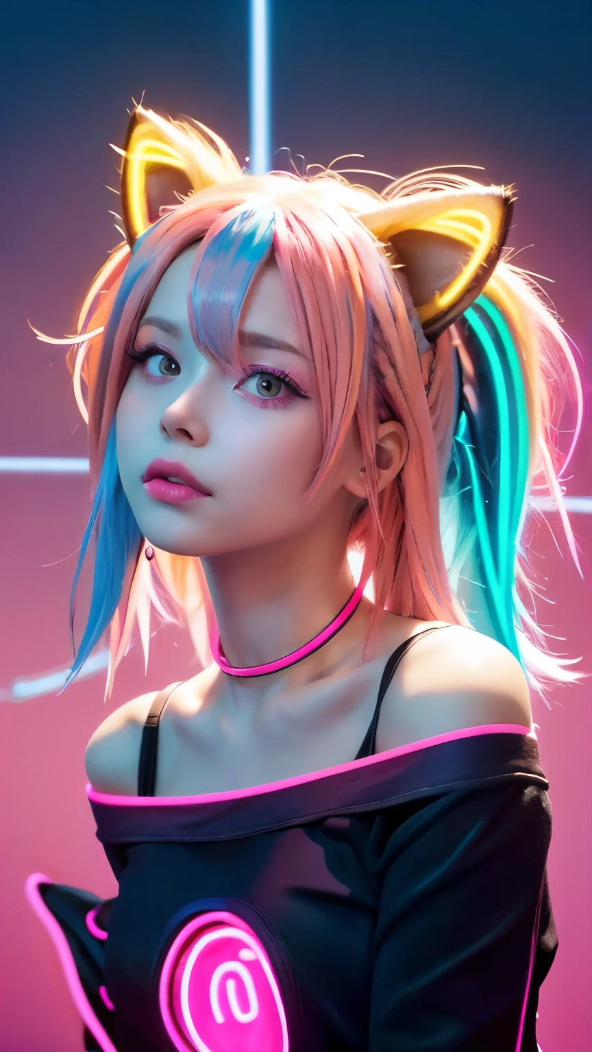 {{masterpiece}},{{highest quality}},enlightenment,1 perfect portrait of a girl, A fascinating eye for perfect detail), colorful hair,(gradient hair), (neon pink hair:1.6),(Cat ear),Slim and tall body type, fantasy background, {exposed bare shoulders},{long-term alienation_sleeve}, {lean forward a little}, If you look up,hair ornaments,{shy},please shut your mouth, head tilt,{small breasts} ,movie lighting,oversized clothes, ((seductive pose)), (neon pink background:1.6)