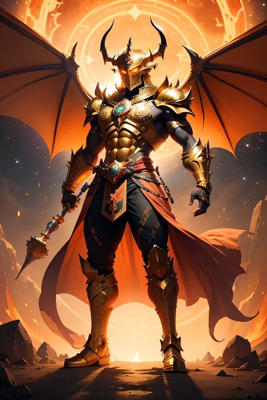standing on a giant piles of gold and corpses, weredragon ,red dragonborn , red skin ,wings ,anthropomorphic ,wearing orange chainmail ,pants ,boots ,beautiful silver shining whip on waist, glowing orange ring on hand. A masterpiece artwork of orange Lantern transformed into a Pharaoh God, rendered in stunning detail and vibrant colors. orange Lantern adorned in regal golden armor with intricate hieroglyphs, his signature green energy radiating from his body, eyes glowing with cosmic power.. The background filled with celestial wonders, swirling galaxies, and stars