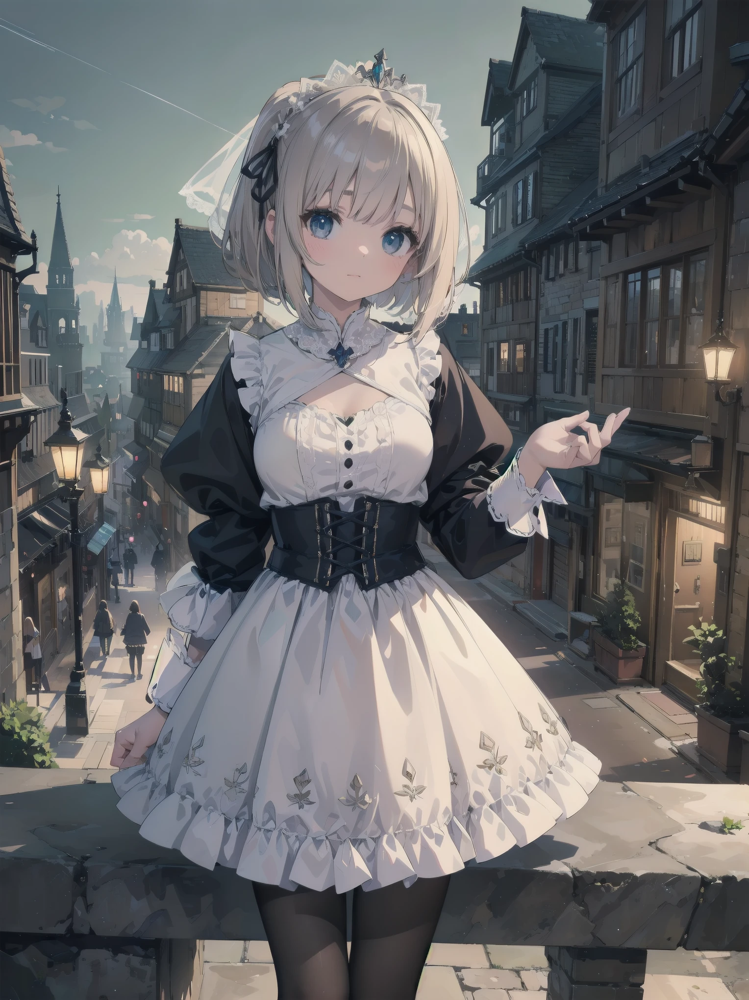  bride: wedding ring shining on ring finger Fusion of medieval European fashion Emphasis on elements of cuteness and adoration Posed illustration of the overwhelming cuteness of the character in the foreground Overwhelming architectural and cityscape background Ultra-detailed, rich, contemporary interpretation of medieval Europe and fantasy world Realistic textures, Professional artistic shading and light sources, scene-like cinematography and effects, depth of subject One beautiful girl, super cute, bob cut, side ponytail, perfect anatomy 
Colours: pastel, white, pale purple, blue, gingham check 
Materials: chiffon, lace, satin, velvet, etc. Silhouette: fluffy skirt, A-line, long length 
Decoration: frills, ribbons, lace, pearls, embroidery etc. Coordinates Romantic princess: pastel dress, lace blouse, fluffy skirt, ribbon hair accessory, black tights Add accessories and accessories to personalise.