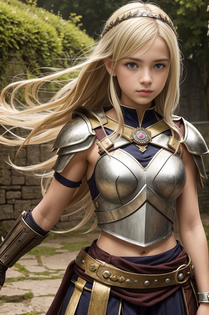 teen girl, roman warrior, princess blade , 14 years old, teenager girl,, small breasts, mini cropped, valkyrian princess ,blonde, detailed face, beautiful, confiant, background in uk land with flowers
