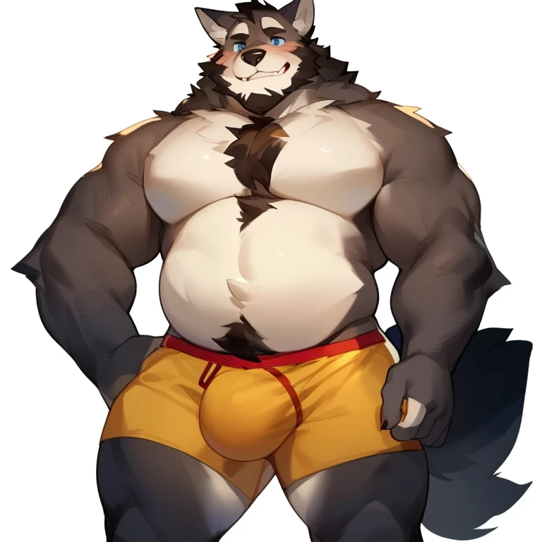 solo, male, werewolf, wolf, canine, broad, sturdy, hefty, big, mature male, muscular, facial hair, beard, embarrassed, sweet, cute, chest fur, stomach fur, happy trial, grey fur, blue eyes, body hair, half-body, looking at down at self, boxers, tight boxers, small boxers, fluffy body, big bulge, white background, by mystikfox61, by darkgem, by glitter trap boy, by bebebebebe, by doooo2424, by null-ghost