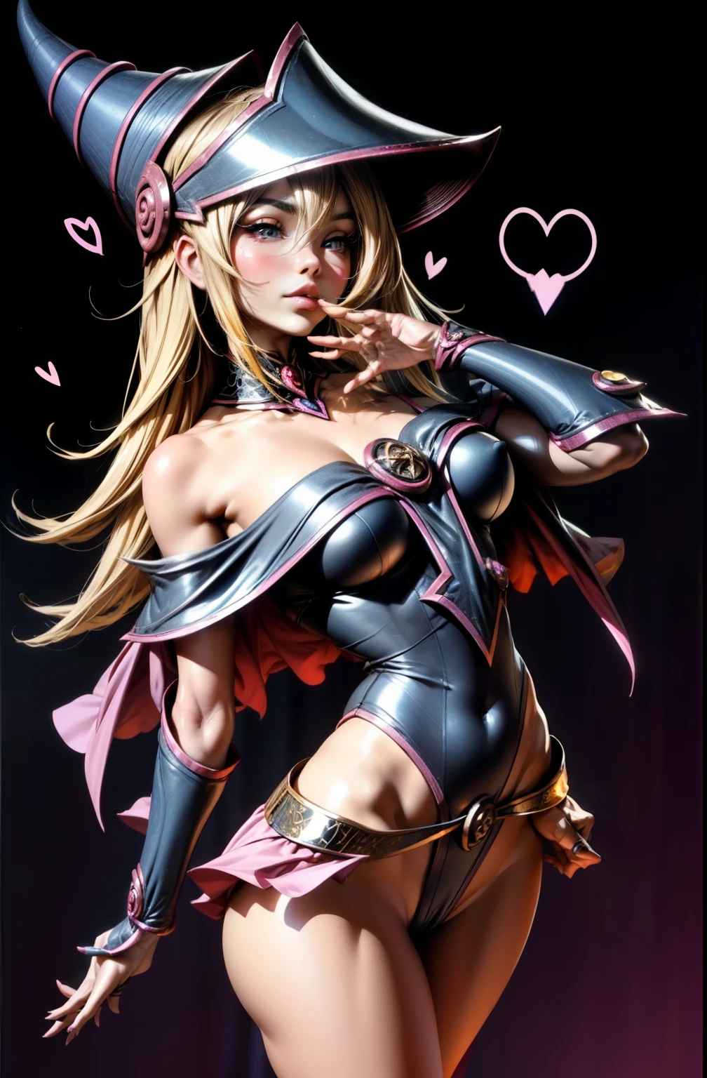 Mago Oscuro Gils. Levitando entre sus piernas, Pose Sujestiva, sexy y inocente. Background of hearts and magic in circles...... Wink an eye and blow a kiss. Hermosa y coqueta