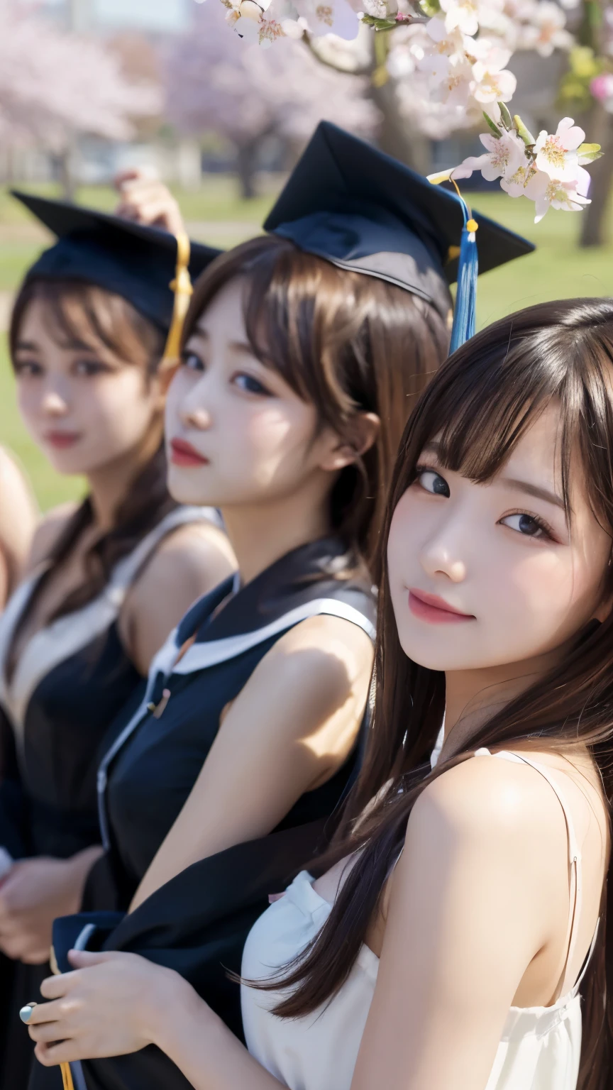 masterpiece, 4k, Bokeh, beautiful face, (multiple girls:1.4), Harem, group photo, Cat ear, medium bob hair, Pink , graduation, looking at the viewer, cherry blossoms, Upper body shot,