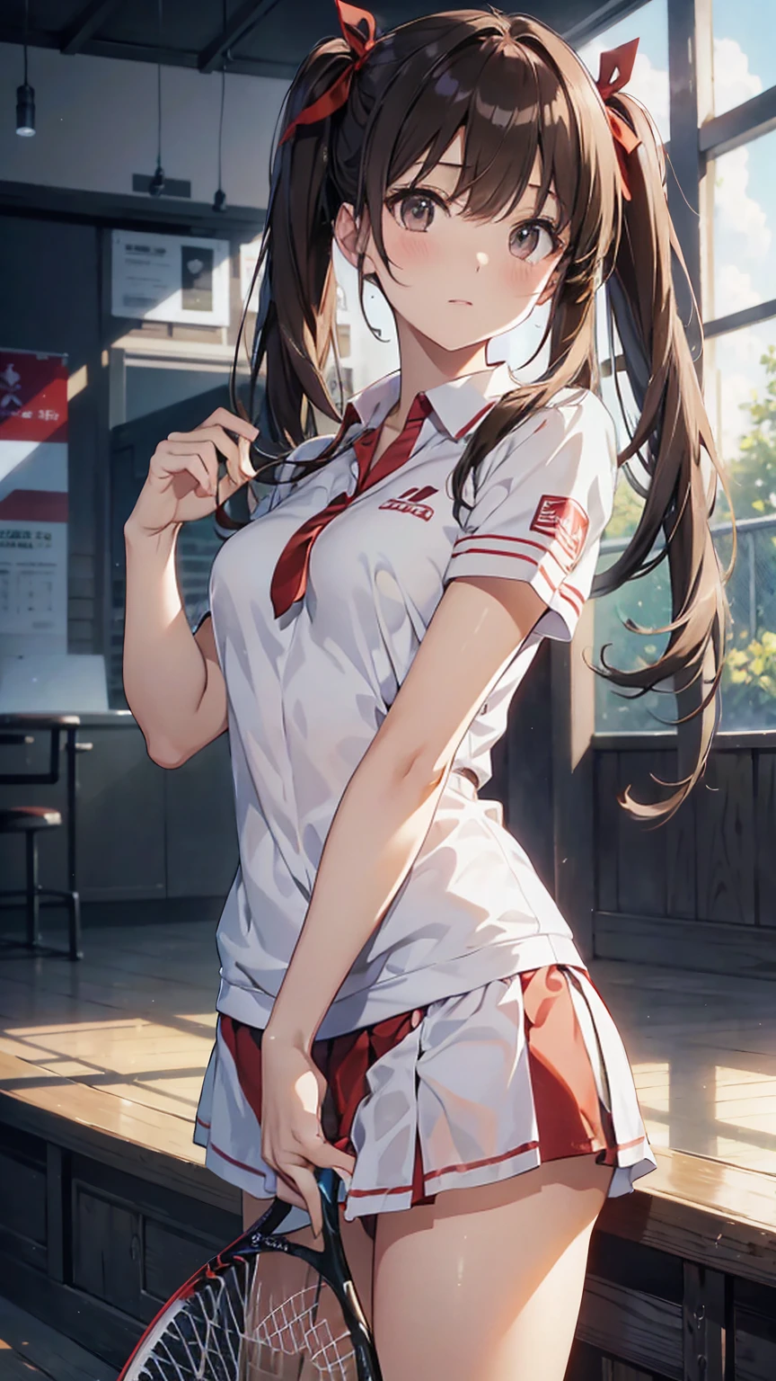official art, unity 8k wallpaper, Super detailed, masterpiece, highest quality, 1 female, (very detailed),(Raw photo、highest quality)、(realistic、Photoreal:1.3)、high detail、顔のvery detailed複雑な 3D レンダリング、(very detailed肌:1.2)、dynamic angle, fire glow effect,  professional lighting, side light, cinematic light, 超A high resolution, 8K , film grain,best shadow, particles of light, Fine skin texture, detailed face, intricate details, Super detailed, shine, Please think back、full body, Tennis court、beautiful face、blurred background、18 year old beautiful girl、shiny skin、twin tails、beautiful brown hair、gray eyes、Tie your hair with a big red ribbon、Tennis uniform、white panties、