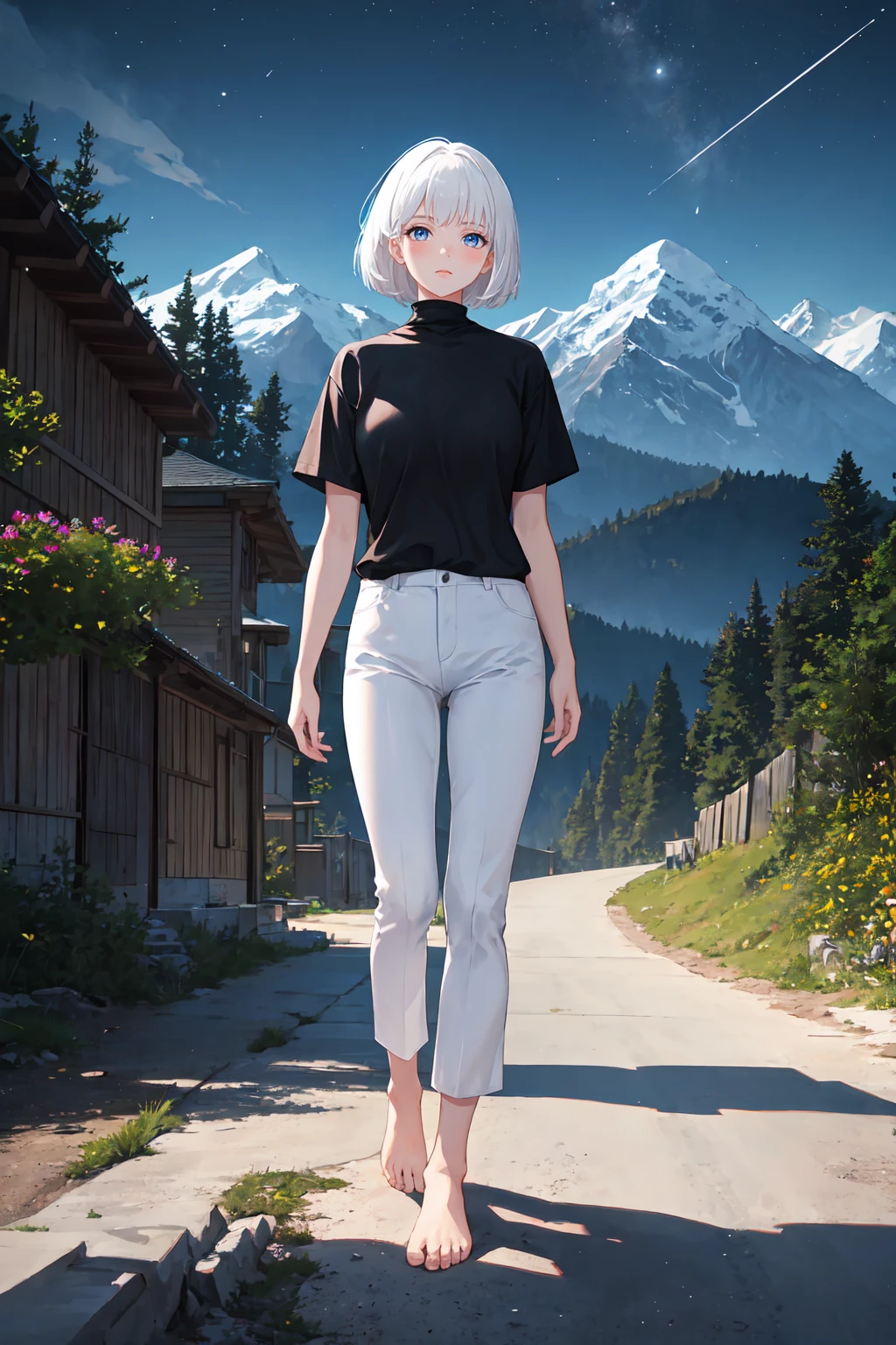 1girl, white hair, bob cut, black shirt, turtleneck, short sleeve, white pants, bare feet, standing, outdoors, night, night sky, mountains, masterpiece, best quality, very aesthetic, ultra-detailed, illustration, 8K, highres