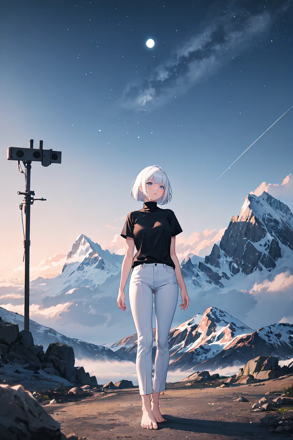 1girl, white hair, bob cut, black shirt, turtleneck, short sleeve, white pants, bare feet, standing, outdoors, night, night sky, mountains, masterpiece, best quality, aesthetic, ultra-detailed, illustration, 8K, highres