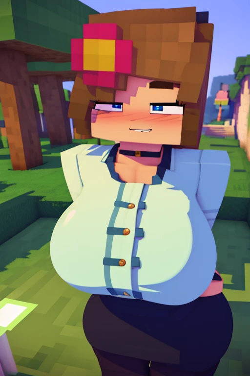 Jenny Belle in a Minecraft mod, blue skirt, white shirt with buttons, tight, gigantic breasts, from below, Grinning, blush, best quality, masterpiece, perfect lighting, (Put arms behind back)