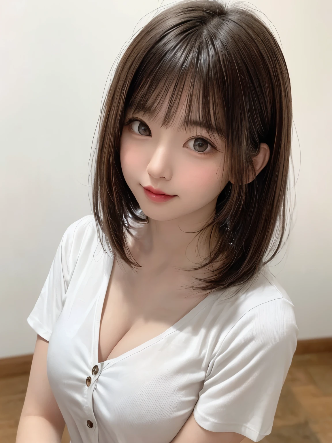 (8K、highest quality、masterpiece:1.8、bangsのあるショートボブヘア:1.8)、(genuine、genuineistic:1.5)、Super detailed、1 girl、cute、alone、sitting、 (Beautiful face in symmetry、Beautiful face with golden ratio、smile:1.15)、(closed your mouth)、big chest、stare at the camera、stare at the camerachest元、fine and beautiful eyes、big, round eyes、Clear double eyelids、eyelash、lips、(white shirt:1.6)、(short hair:1.2)、Very black hair:2、bangs、light brown eyes、long neck、smile、close your mouth、cute face、genuineistic skin types、genuineの質感、unbutton、Pale pink lip、There&#39;s genuinely no background、genuinely pure white background、28 years old,Natural light、上lipsが厚くない、Hands are lowered、(({Huge|big|Hugeな|mega} chest:2, cleavage:2、beautiful decollete))