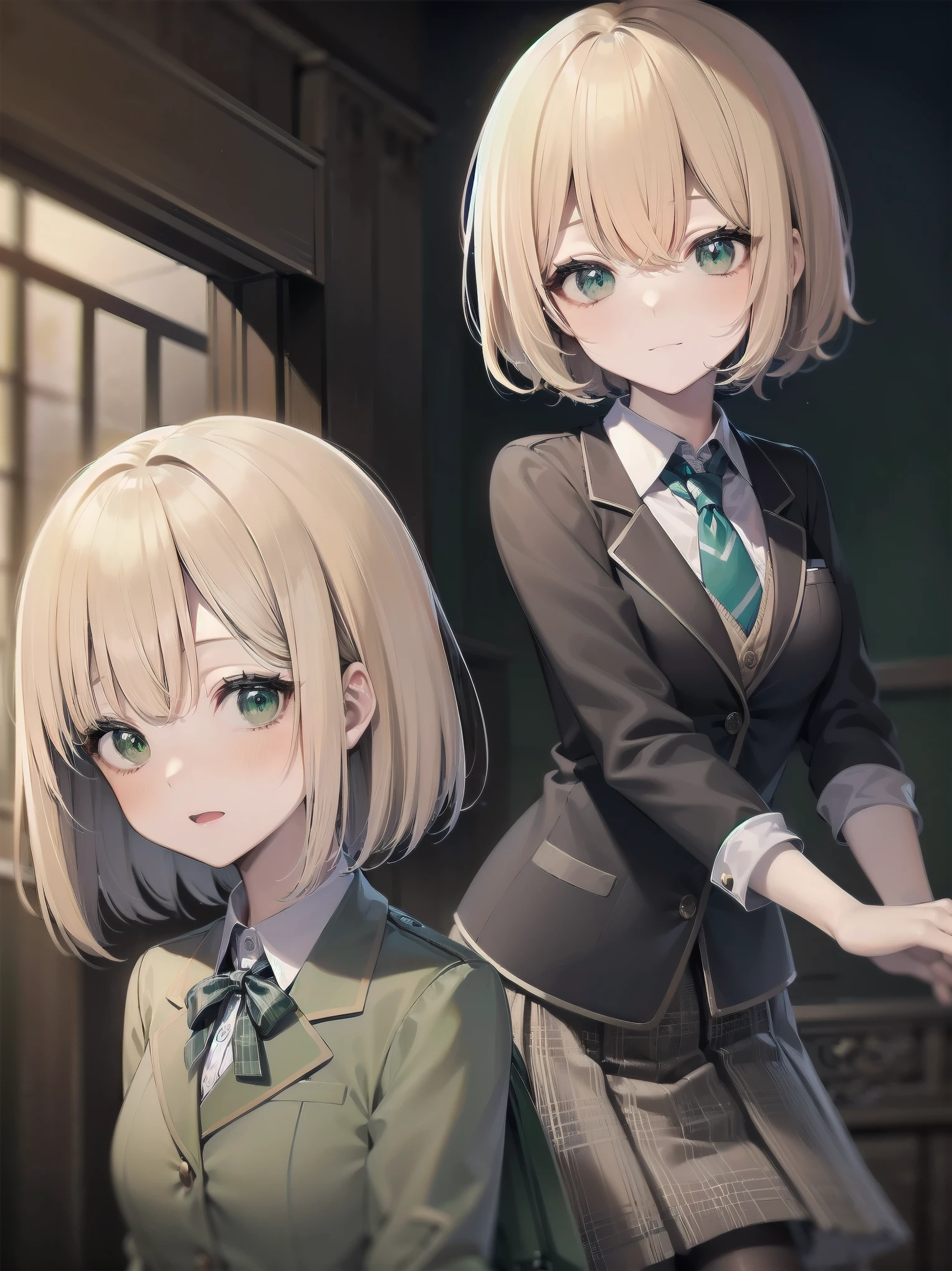 Top-High quality、Highest image quality、masterpiece、high contrast、Elegant、erotic expression、high school girl、blonde、Bob cut braids、uniform、(brown blazer)、ribbon tie、(Green and gray plaid skirt)、(black tights)、cinematic lighting、fine shading、cute、Truly unbelievably cute absurd、outside、outside苑