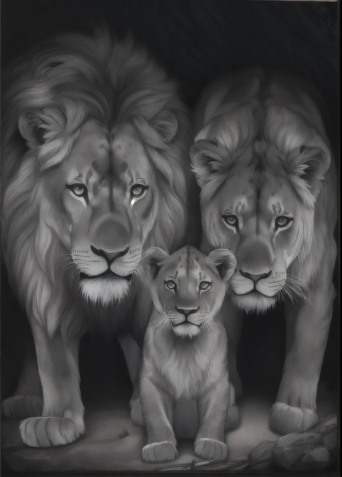 a black and white photo of a lion and a lion cub, family portrait, por Bernard D’Andrea, por Mirabello Cavalori, lions, por Micha Klein,  family, por Daniel Seghers, por Jim Murray, por Serge Sudeikin, por Darek Zabrocki, happy family, por Dennis Flanders, olhar orgulhoso, by Luís Miranda