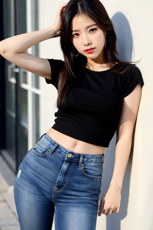 Crie uma garota coreana idol de kpop cabelo cacheado e curto,cor: preto com loiro nas pontas,roupa:black top with jeans Eye color: azul