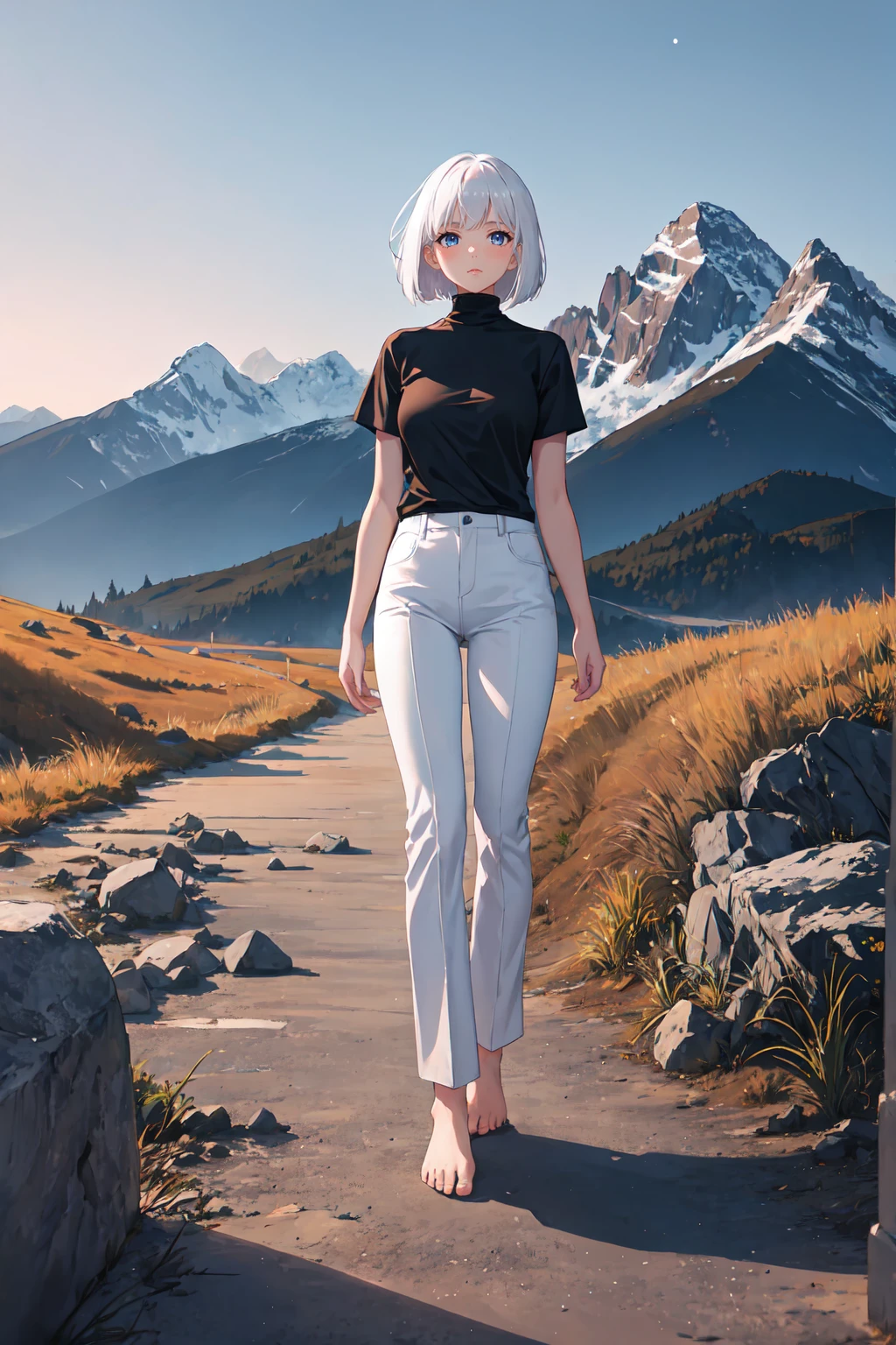 1girl, white hair, bob cut, black shirt, turtleneck, short sleeve, long pants, white pants, bare feet, standing, outdoors, night, night sky, mountains, masterpiece, best quality, aesthetic, ultra-detailed, illustration, 8K, highres