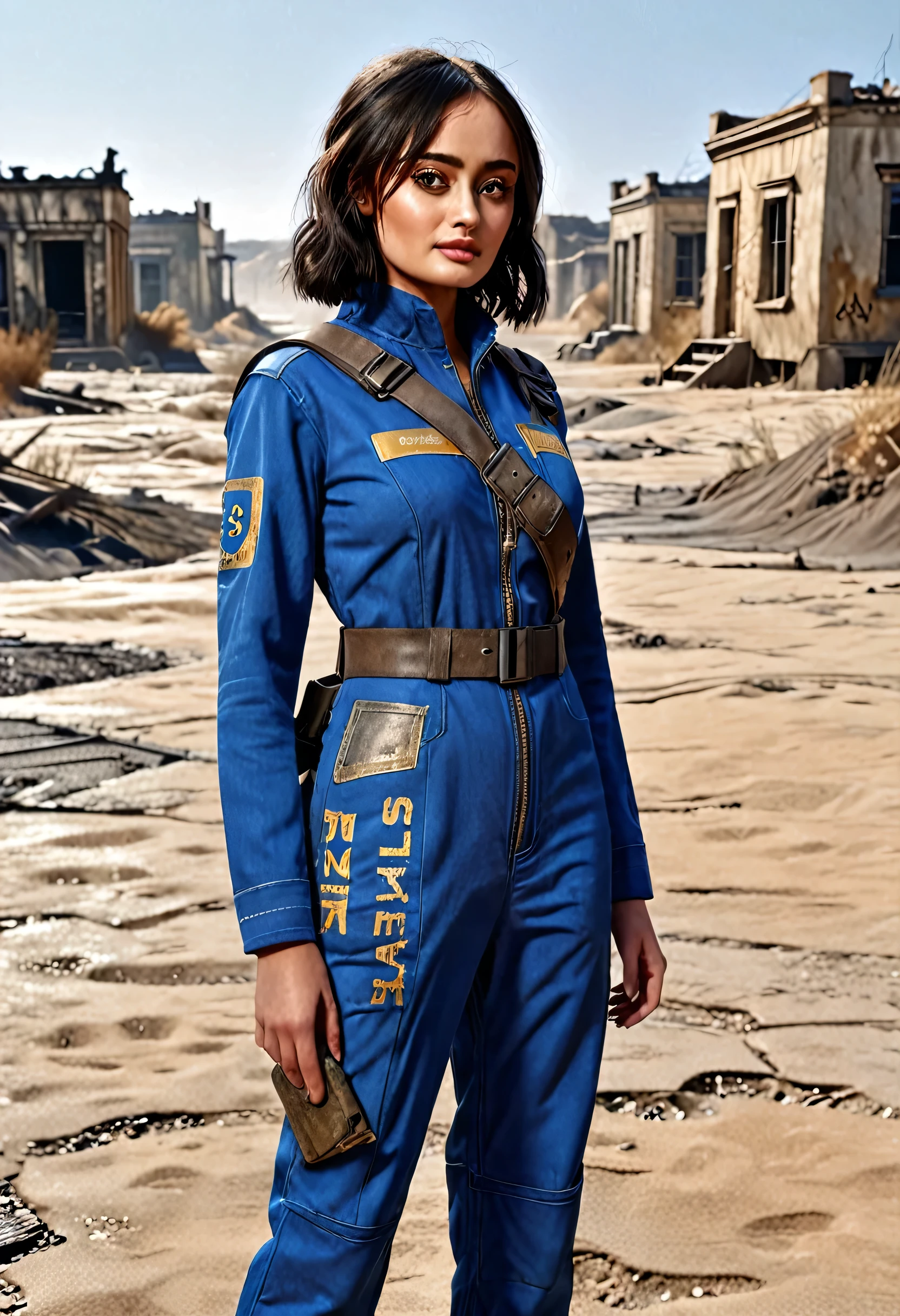 1 girl, Ella Purnell as Vault Resident 33 (Fallout), black hair,walks along the postosha,endless desolations,Ruins of Houses,covered with sand,scorching sun, close photo of a girl, close-up,photorealism,2k render,sexsy,20yo,dirty and torn blue overalls with the inscription 33 (futuristic blue jumpsuit, future, Voltek Vault Resident Uniform), shelter resident 33,pistol on the belt,post apocalypse,