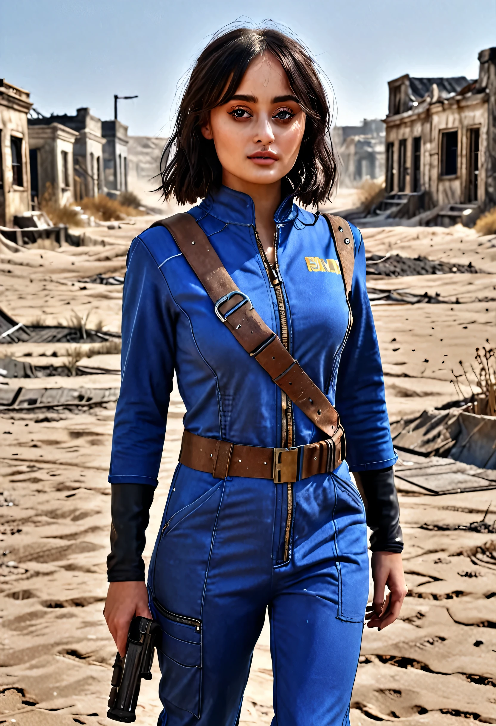 1 girl, Ella Purnell as Vault Resident 33 (Fallout), black hair,walks along the postosha,endless desolations,Ruins of Houses,covered with sand,scorching sun, close photo of a girl, close-up,photorealism,2k render,sexsy,20yo,dirty and torn blue overalls with the inscription 33 (futuristic blue jumpsuit, future, Voltek Vault Resident Uniform), shelter resident 33,pistol on the belt,post apocalypse,