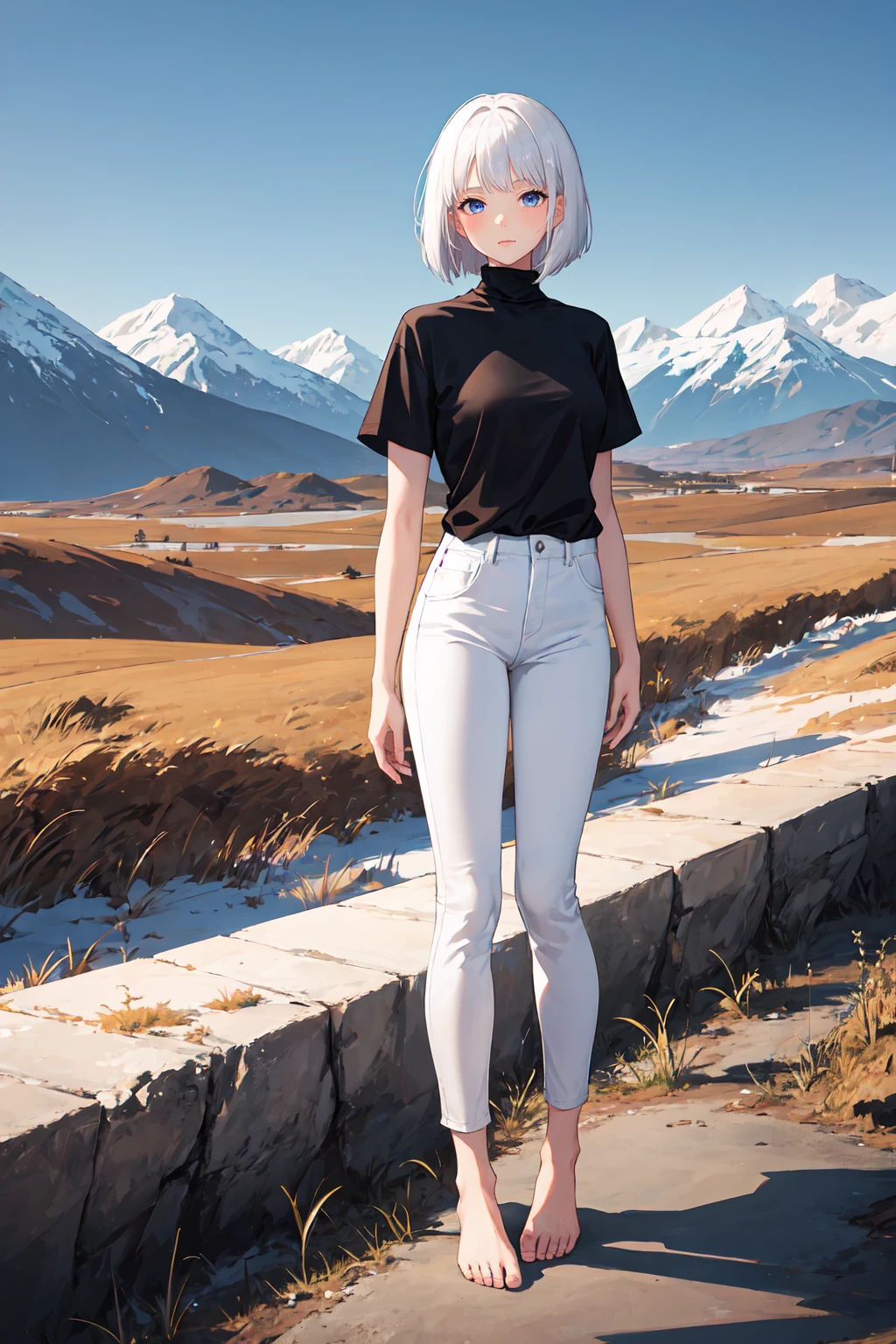 1girl, white hair, bob cut, black shirt, turtleneck, short sleeve, skinny pants, white pants, bare feet, standing, outdoors, night, night sky, mountains, masterpiece, best quality, aesthetic, ultra-detailed, illustration, 8K, highres