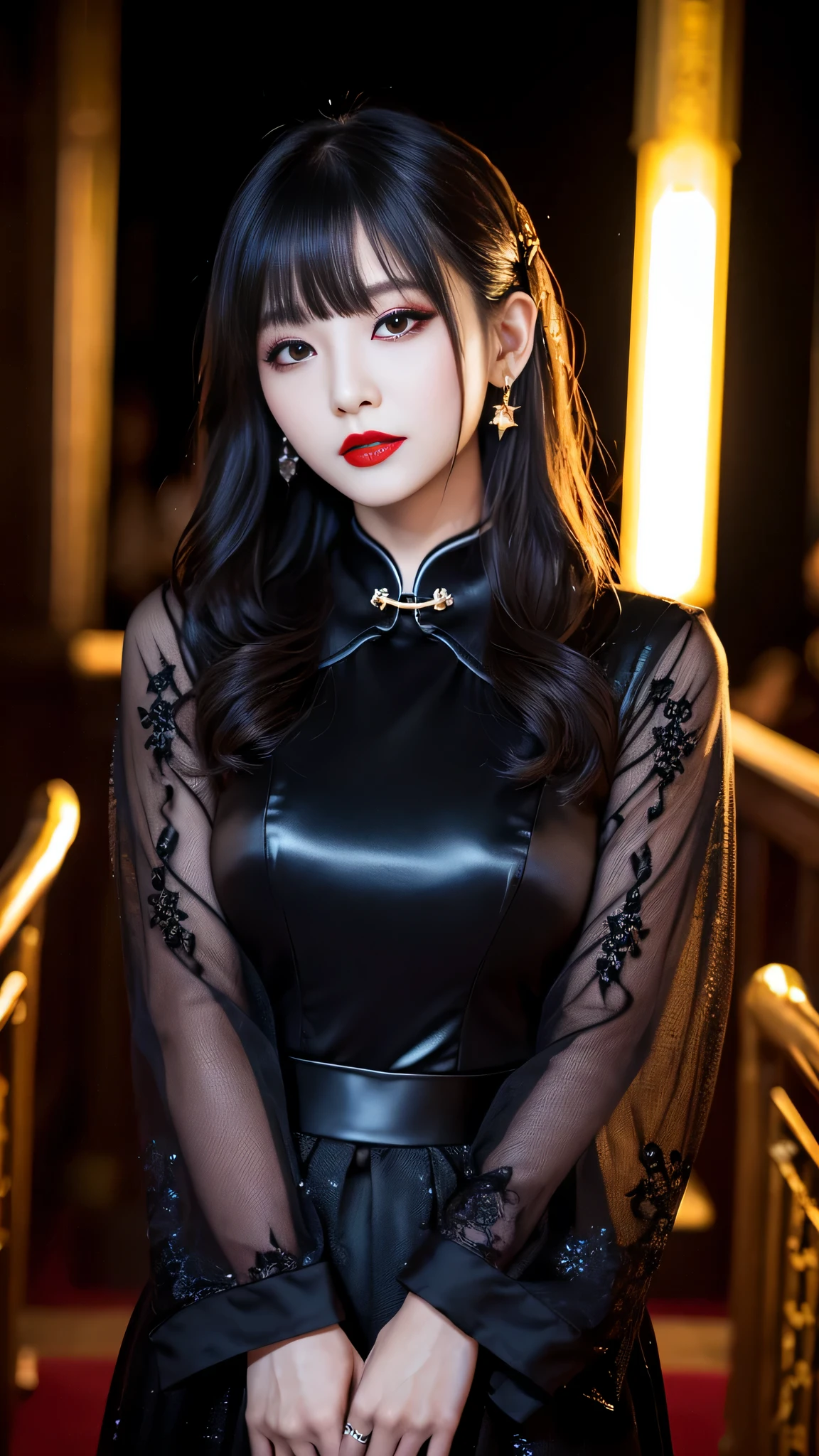 tra-detailed、Japanese、attractive beauty、seductive adult woman、pretty woman、piercing eyes、cool girl、wavy hair、swept bangs、Long Black Cheongsam、wide sleeves、Evil cadres、evil depravity、brainwash、mind control、lipstick、lip gloss、dark makeup、smirk、whisper in your ear、Evil expression、evil、hollow eyes,half-closed eyes、empty eyes、evil、church at night、vampire、succubus、vampire、Swear allegiance、sexy pose、hair ornaments、