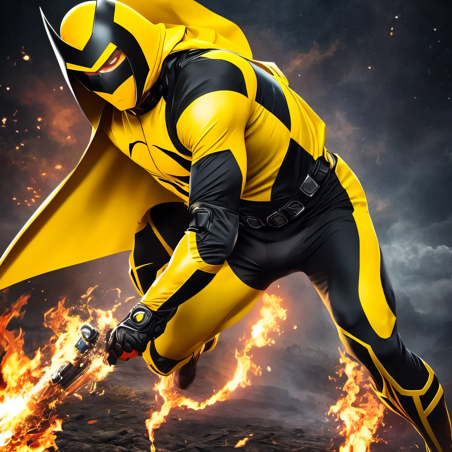 "Imagine an agile and fearless hero, wearing a vibrant yellow and black costume, highlighting his presence. With intense lenses that reflect his determination, a flowing cape that announces his arrival. His gloves allow for dexterity and precision, exposing his fingers to showcase his unparalleled skill. In the mask, her hair flows freely, while her lips curve into a confident, ready smile.
