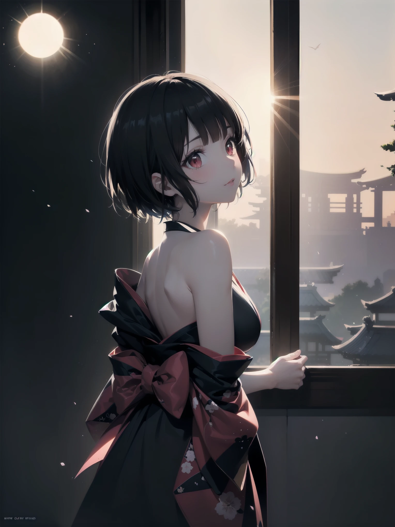 Dynamic angle, Perspective, (Backlight, Dark:1.5), Illustration, Top quality, Masterpiece, High resolution, Very delicate and beautiful, Very detailed wallpaper, Original, 1girl, ta, White skin, Short hair, Dark hair, Dull fringe, Fine eyes, Red eyes, (Black kimono:1.2), Japanese, Moon beauty, Cute