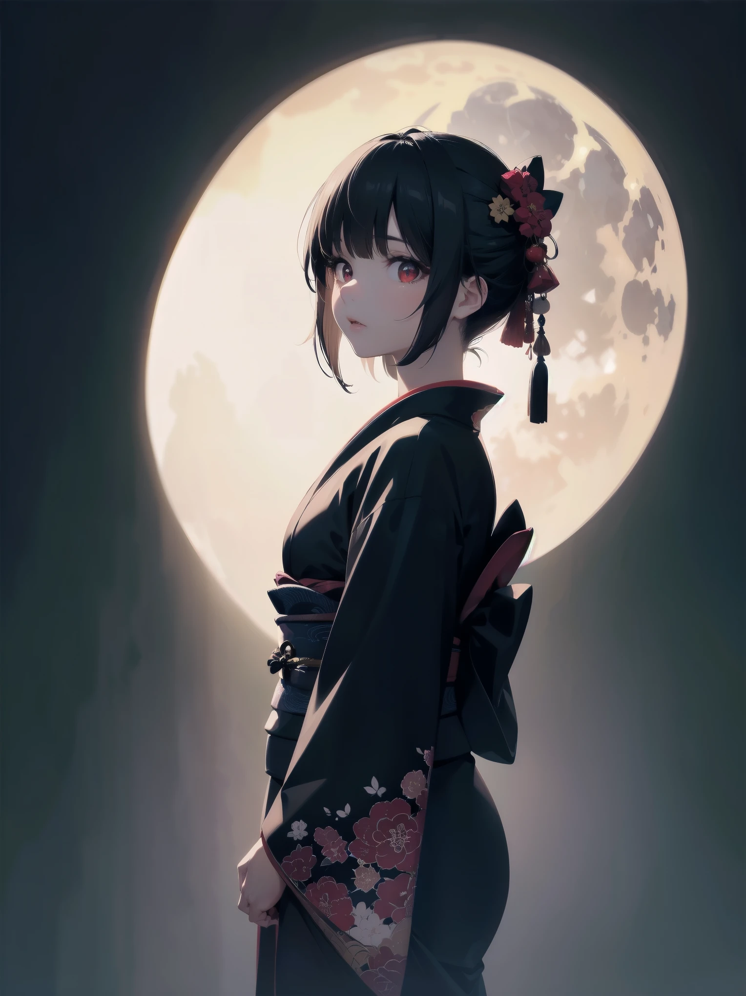 Dynamic angle, Perspective, (Backlight, Dark:1.5), Illustration, Top quality, Masterpiece, High resolution, Very delicate and beautiful, Very detailed wallpaper, Original, 1girl, Lolita, White skin, Short hair, Dark hair, Dull fringe, Fine eyes, Red eyes, (Black kimono:1.2), Japanese, Moon beauty, Cute
