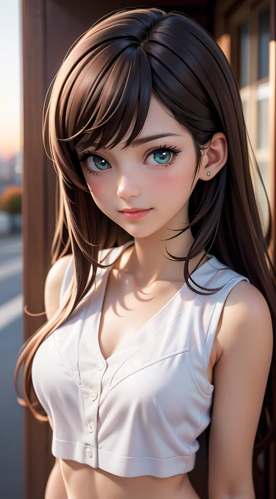 ((masterpiece, 最OK质量, High resolution, ultra high definition, Pixel perfect, depth of field, 4K, RTX, high dynamic range)), 1 girl, single, alone, 24 years old, beautiful anime girl, beautiful art style, anime characters, ((long hair, Bangs, brown hair, curls)), (green eyes:1.4, round eyes, beautiful eyelashes, realistic eyes), (Detailed face, blush:1.2), (smooth texture:0.55, lifelike質感:0.65, lifelike:1.2, cinematic, Anime CG style), medium breasts, Perfect body, full, (Dynamic angle, view, close up), ((summer clothes, Vest, underwear, OK, underwear, underwear)), (outdoor, Urban Construction), ((summer, autumn, Natural light, sunrise)), sly smile