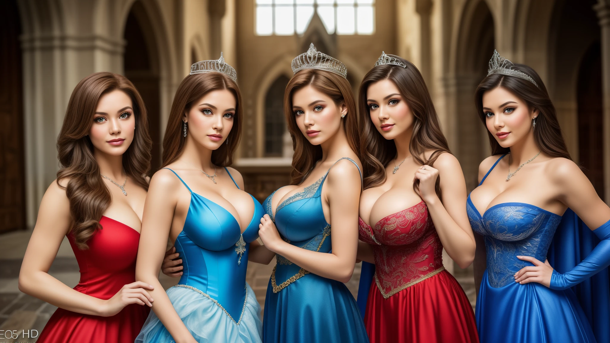 masterpiece,best qualtiy,hdr, hyper HD, 8K,Bokeh,Ultra-fine painting,Sharp focus,Physically-based rendering,Extreme detail description,full-body photo, perfect eyes, perfect hands, perfect body, perfect hair, (EOS R8, 50 millimeters, F1.2, 8K, RAW photo:1.2), photograph by arny freytag, (Big breasts:1.2), disney princesses posing inside a castle