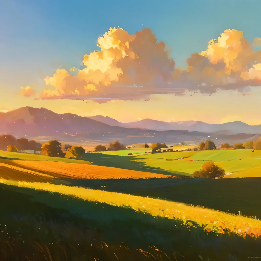 (best quality,highres),vast open field with wheat plantation, golden sunlight, gentle breeze, endless expanse of vibrant green fields, rustling of grain stalks, birds soaring in the sky, serene and peaceful surroundings, soft rolling hills, distant mountains, clear blue sky, picturesque landscape, nature's canvas+[Illustration],+[Oil painting],+[Realistic style],+[Warm color tones],+[Soft lighting]+(HDR,photorealistic),+(vivid colors:1.1),+(bokeh:1.1),+(ultra-detailed:1.2)