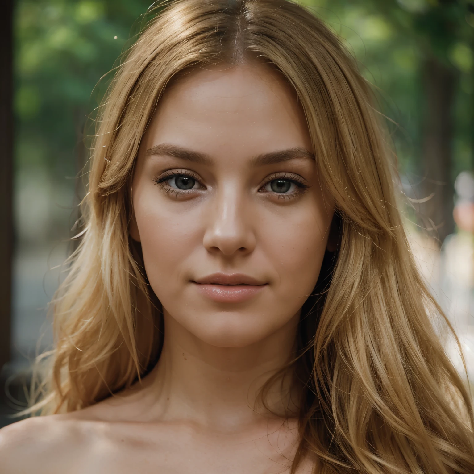Create a realistic portrait of a 34 year old woman with blonde hair, looking confidently into the camera. Her long hair should be flowing softly, giving the image natural beauty. Lighting should be natural, creating soft shadows and highlighting facial contours. The photo must be taken in high resolution 4K for maximum detail. Use a professional camera, such as Nikon D850, to capture every nuance of the model's beauty with exceptional clarity and realism