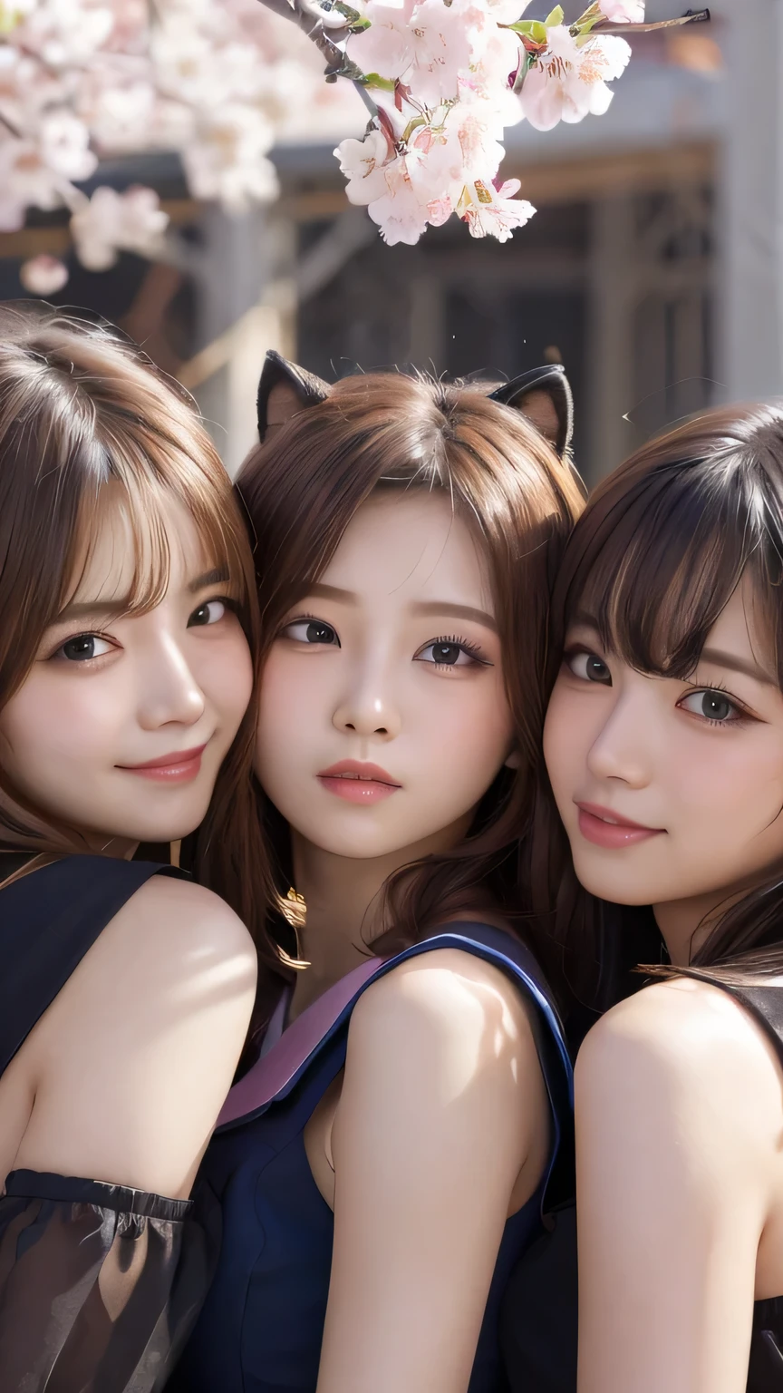 masterpiece, 4k, Bokeh, beautiful face, (multiple girls:1.4), Harem, group photo, Cat ear, medium bob hair, Pink , graduation, looking at the viewer, cherry blossoms, Upper body shot,