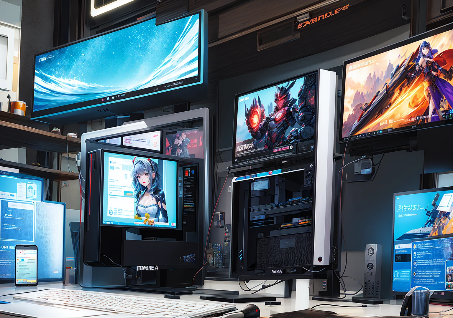 una pantalla de ordenador con un gabinete gamer y de fondo una cortina negra alargada