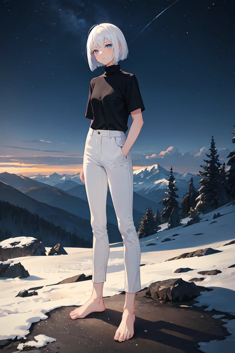 1girl, white hair, bob cut, flat chested, black shirt, turtleneck, short sleeve, skinny pants, white pants, bare feet, standing, outdoors, night, night sky, mountains, masterpiece, best quality, aesthetic, ultra-detailed, illustration, 8K, highres