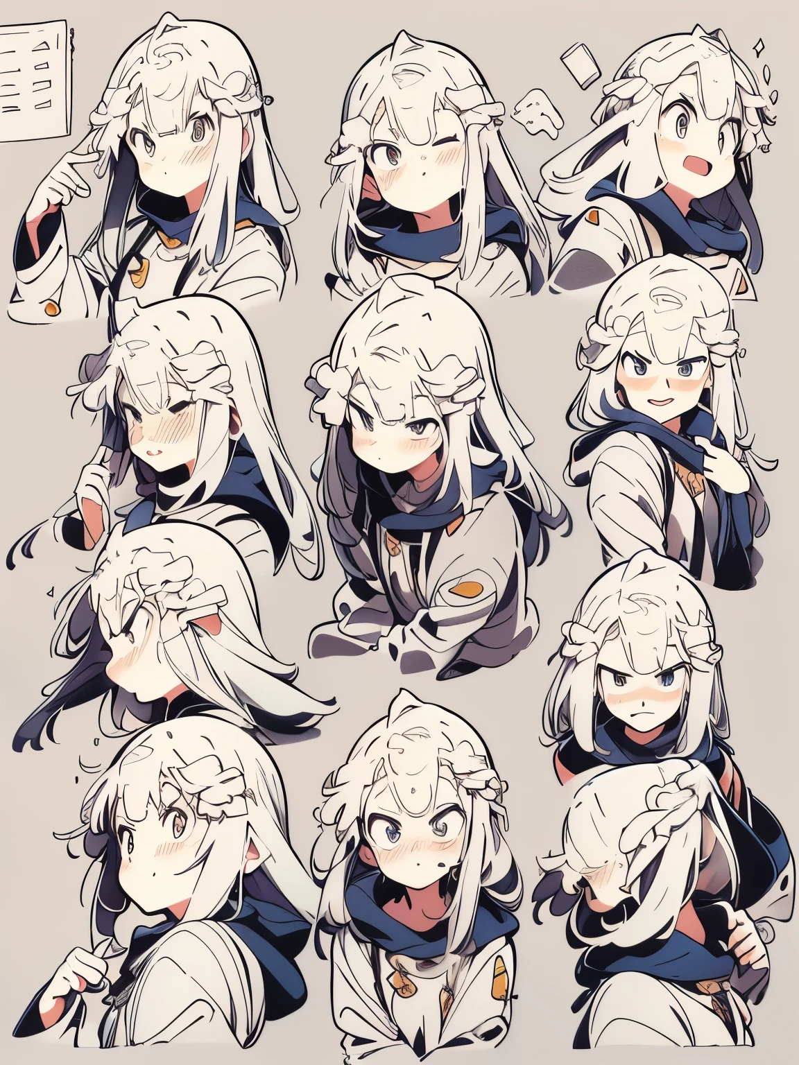 anime character sheet of a woman with different facial expression, different expressions, anime style, various postures, subtle anime style, Flat anime style shading, Cute and natural anime face, expression, anime style, Animation character design, Anime Concept Art, facial expression, slightly happy expression, anime style, anime style characters, Semi-realistic anime style, anime art style
