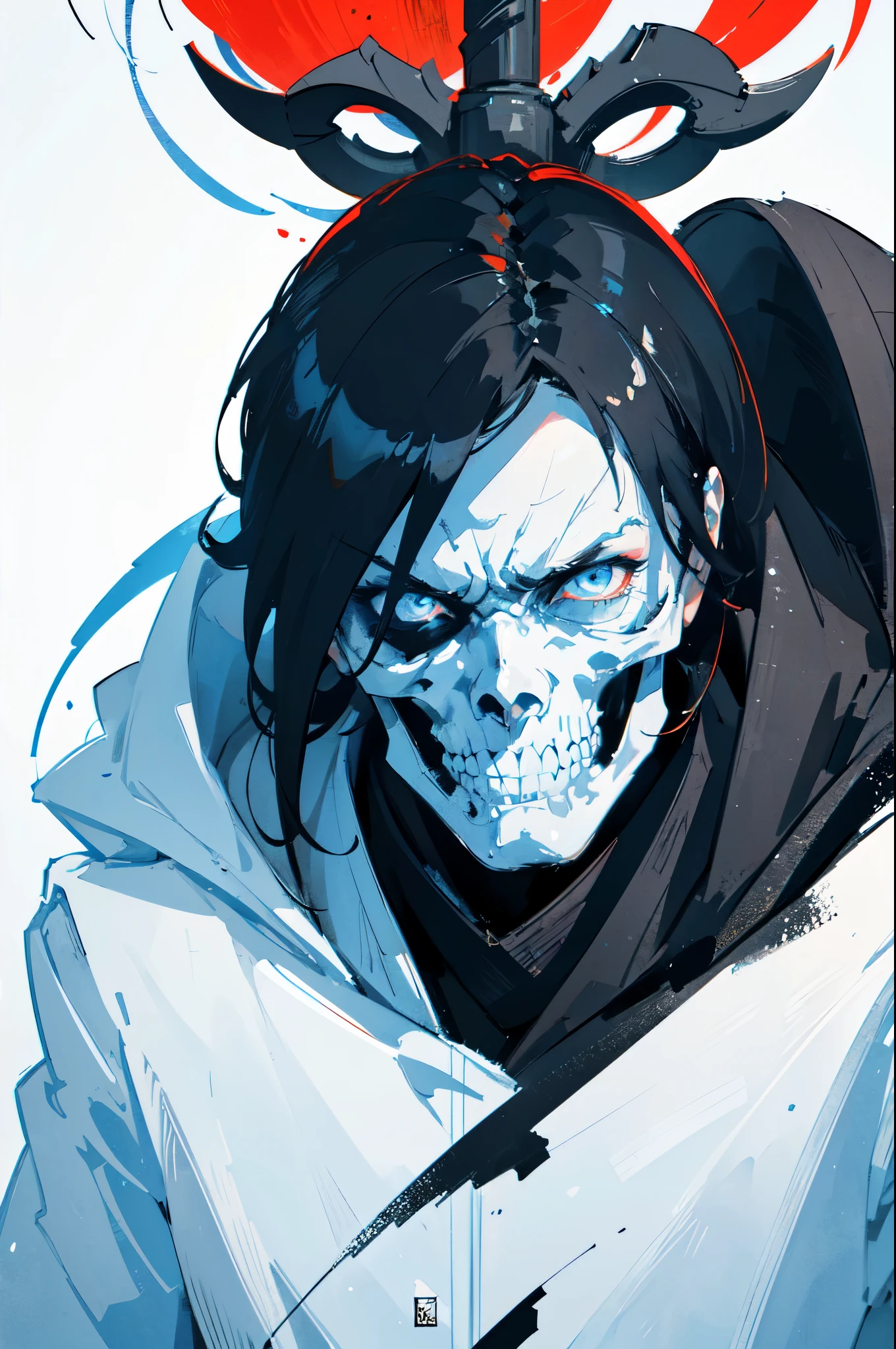Sub Zero from Mortal Kombat, skull face, cold white dull lifeless eyes, very scary character, close-up, ink artistic conception, with typography elements, abstract, complementary colors, mosaic of characters, wallpaper style, simplicity, Chinese painting, white background