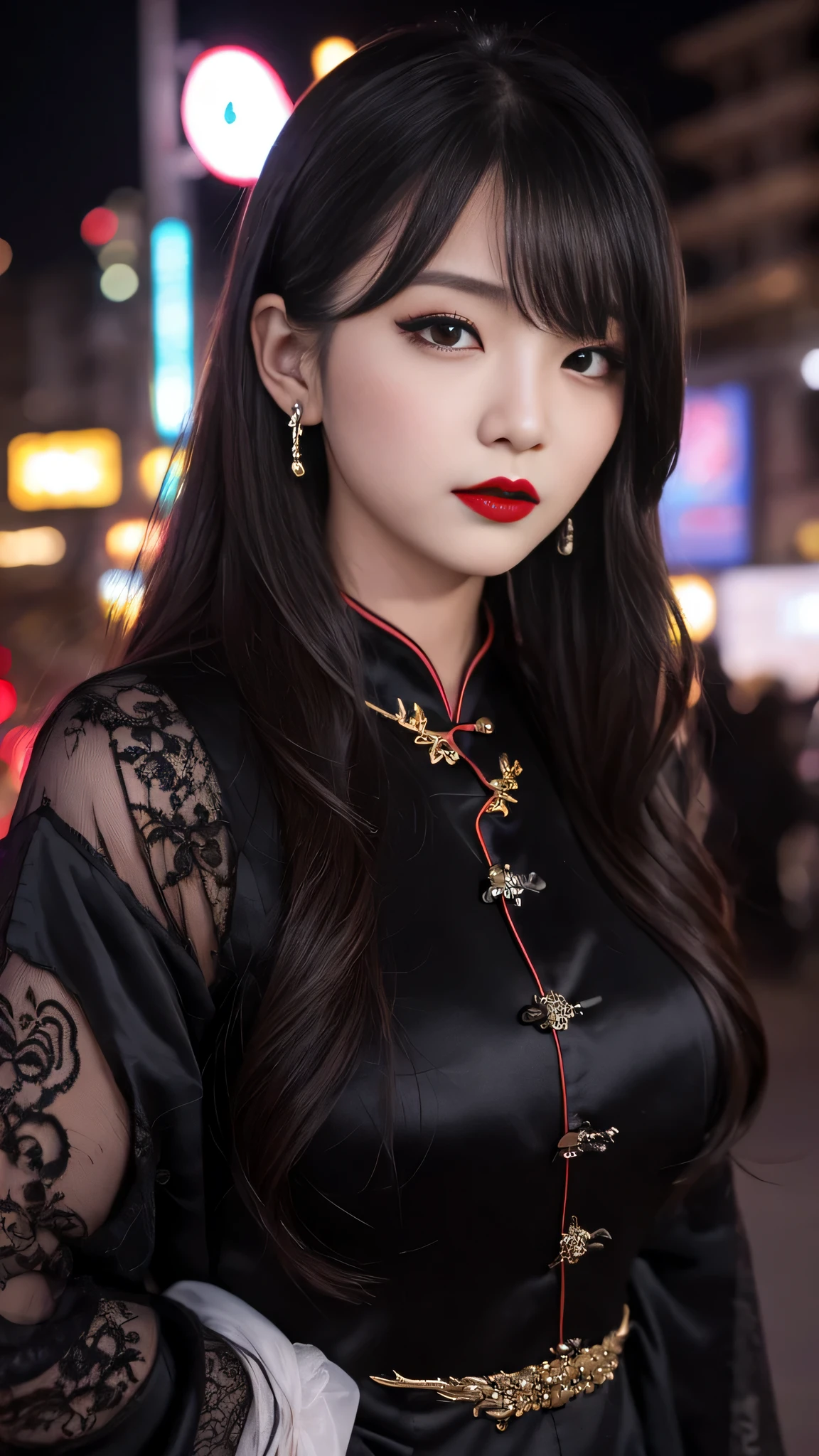 detailed、Japanese、charming beauty、seductive adult woman、Beautiful woman、sharp eyes、cool girl、wavy hair、flowing bangs、long black cheongsam、wide sleeve、evilの幹部、evil depravity、brainwashing、Mind control、lipstick、lip gloss、grin、evilな表情、evil、empty eyes、evil、night walk、vampire、Succubus、vampire、makeup brush